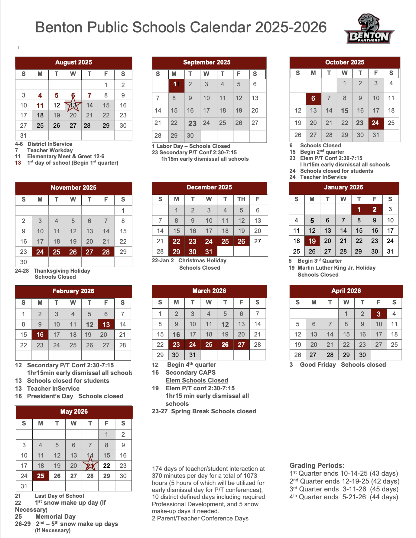 2025 2026 Benton School District Calendar Benton School District