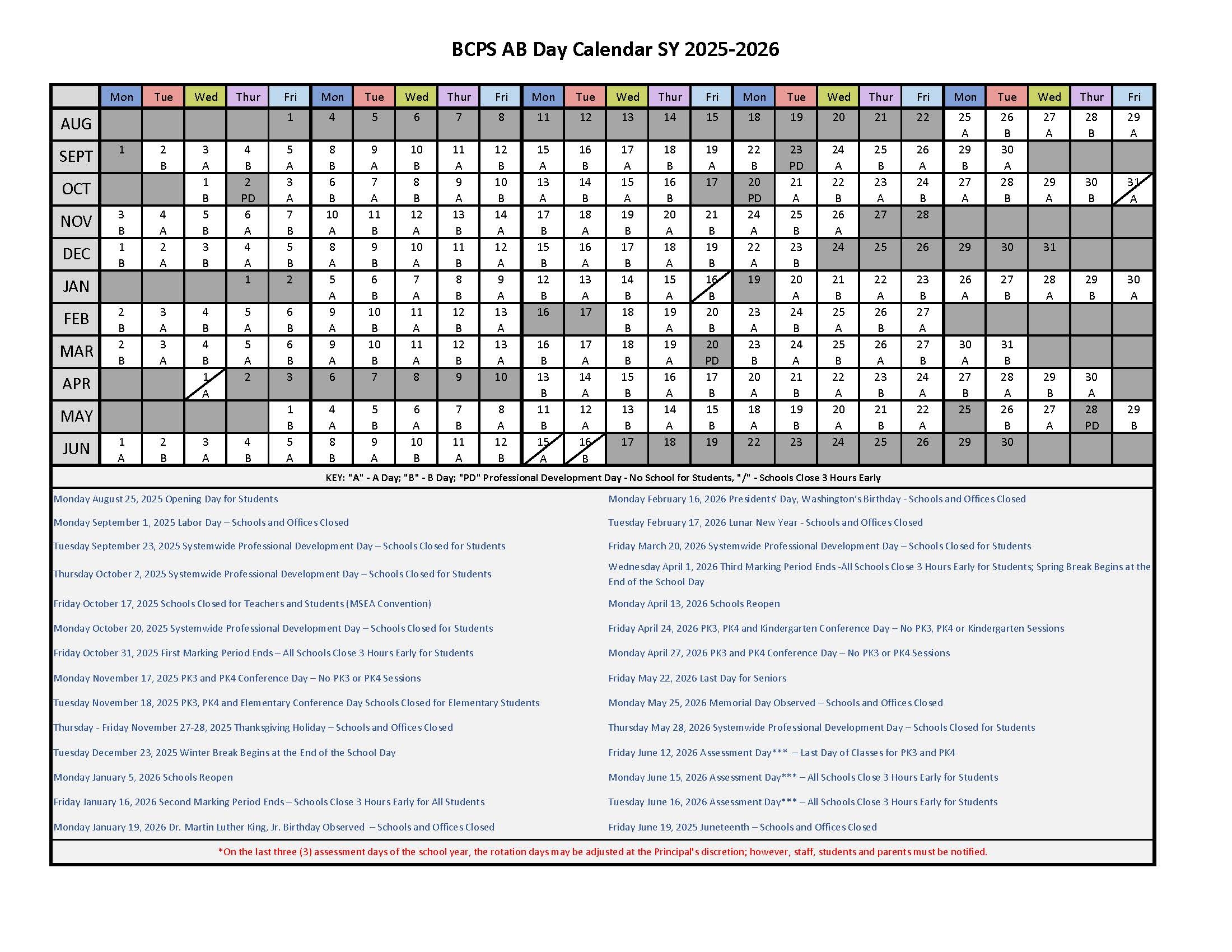 A B Day Calendar 2025 2026 Dulaney High