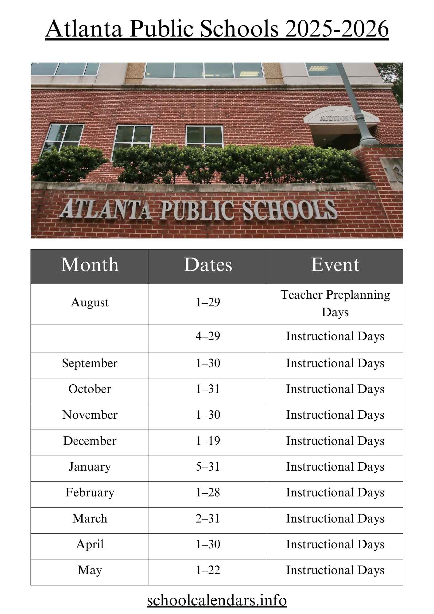 Atlanta Public Schools Calendar At A Glance