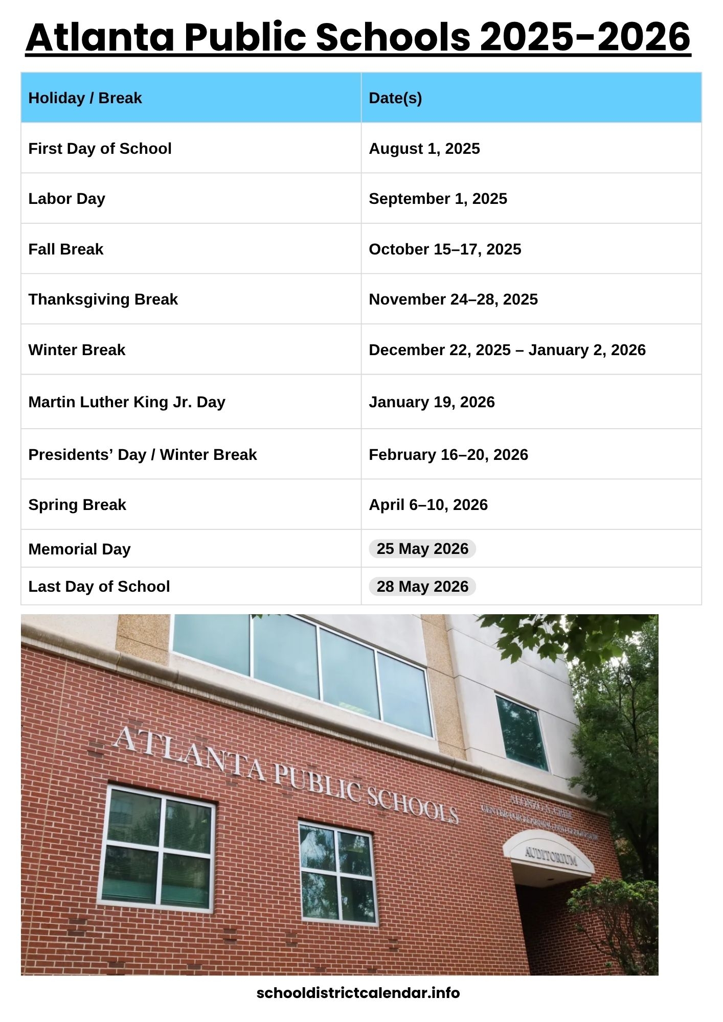 Atlanta Public Schools Calendar With Holidays 2025 2026