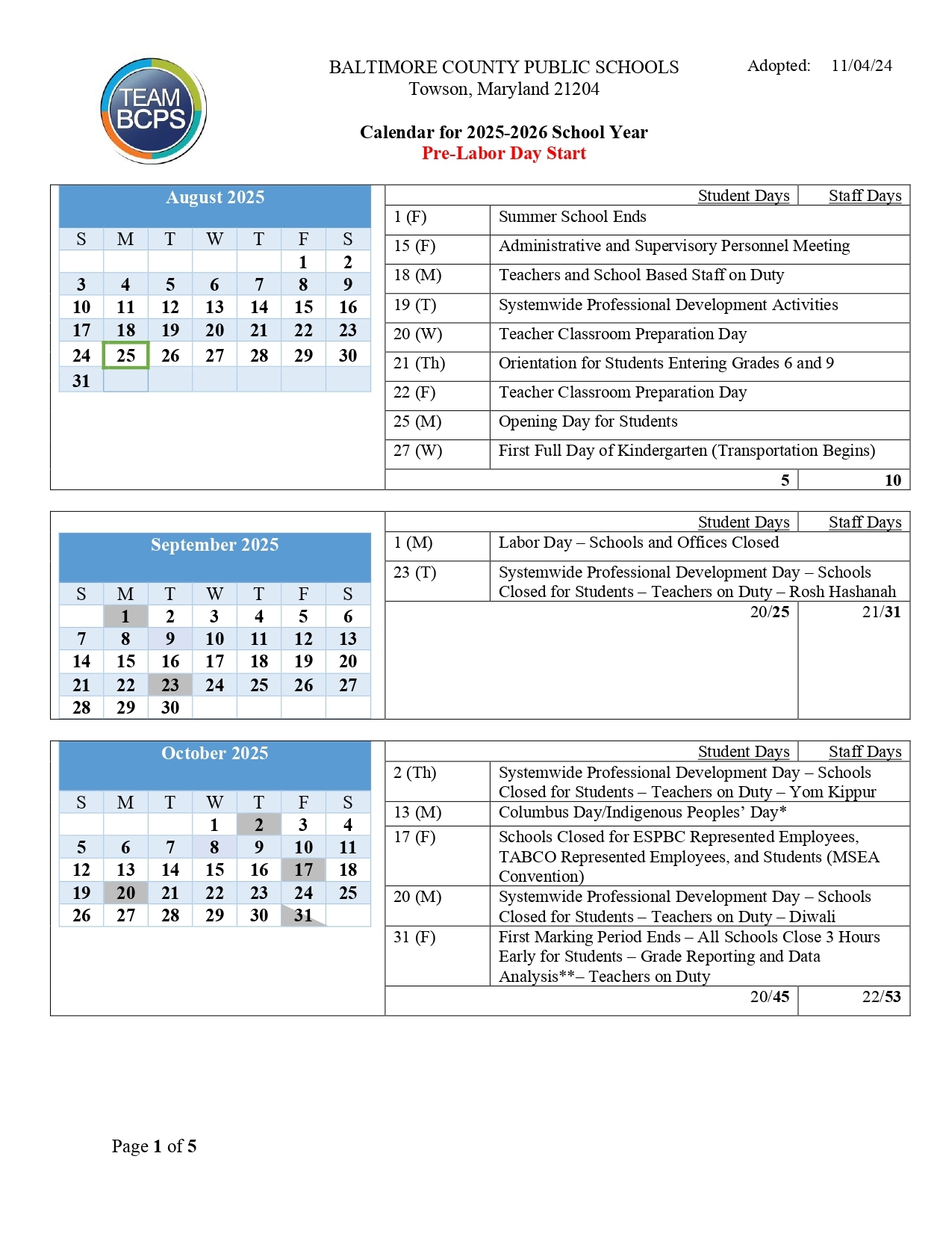 Baltimore County Public Schools Calendar 25 26 Revised PDF EduCounty
