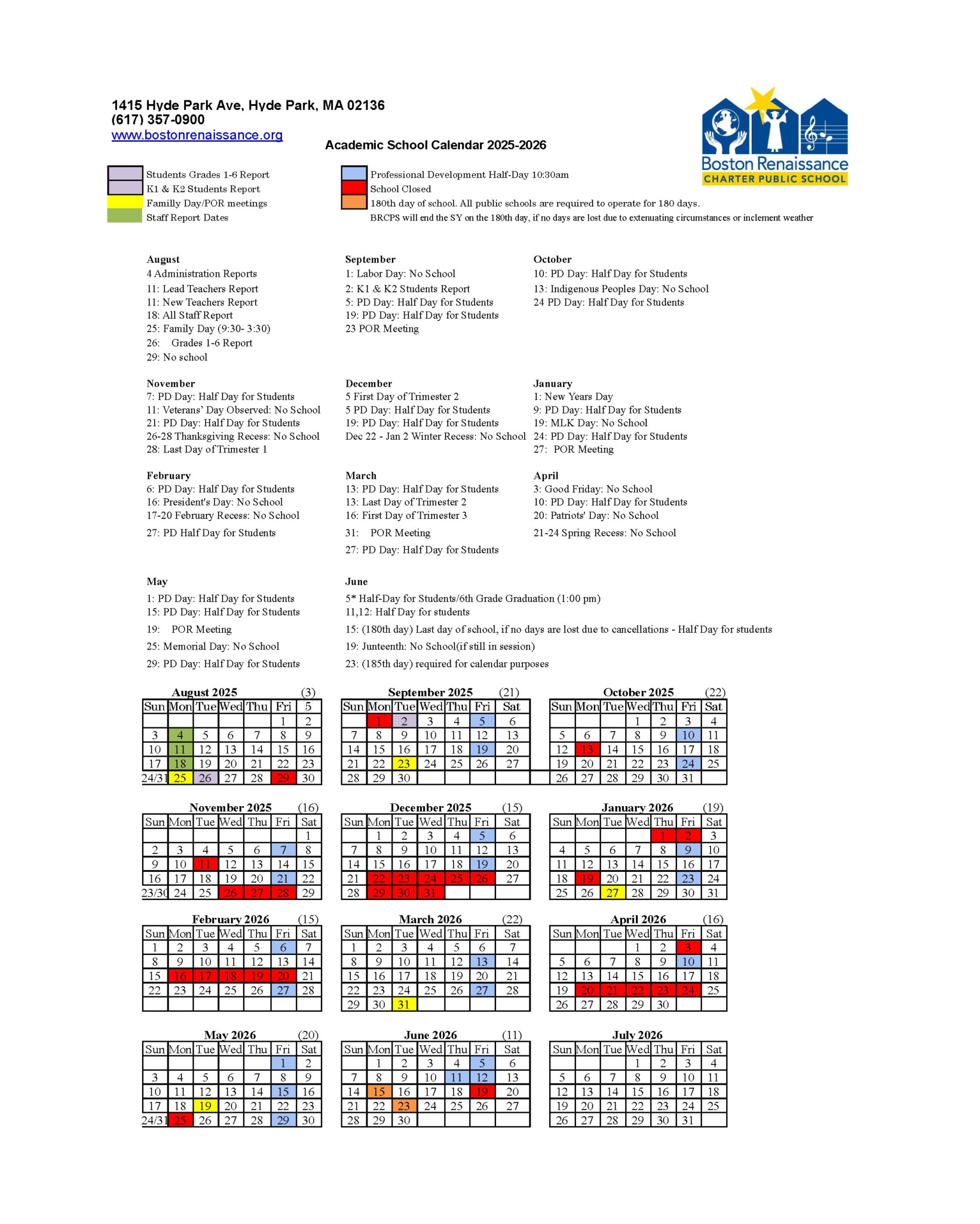 Calendar Boston Renaissance Charter Public School