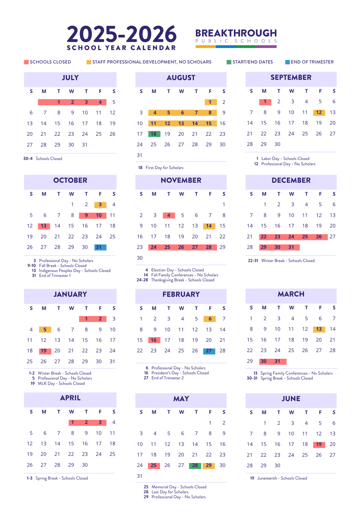 Calendar Breakthrough Public Schools BPS 