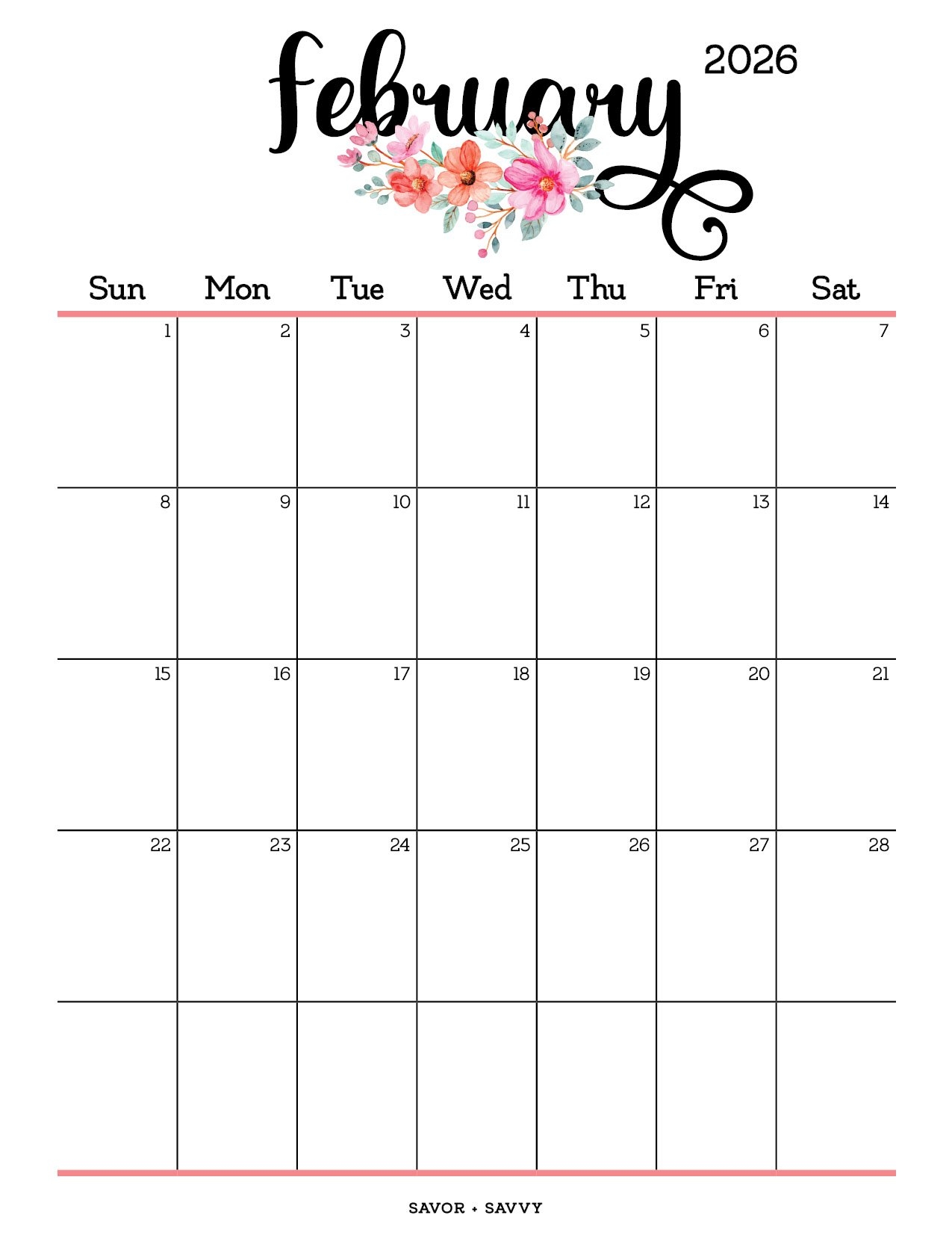 February 2026 Floral Calendar Printable