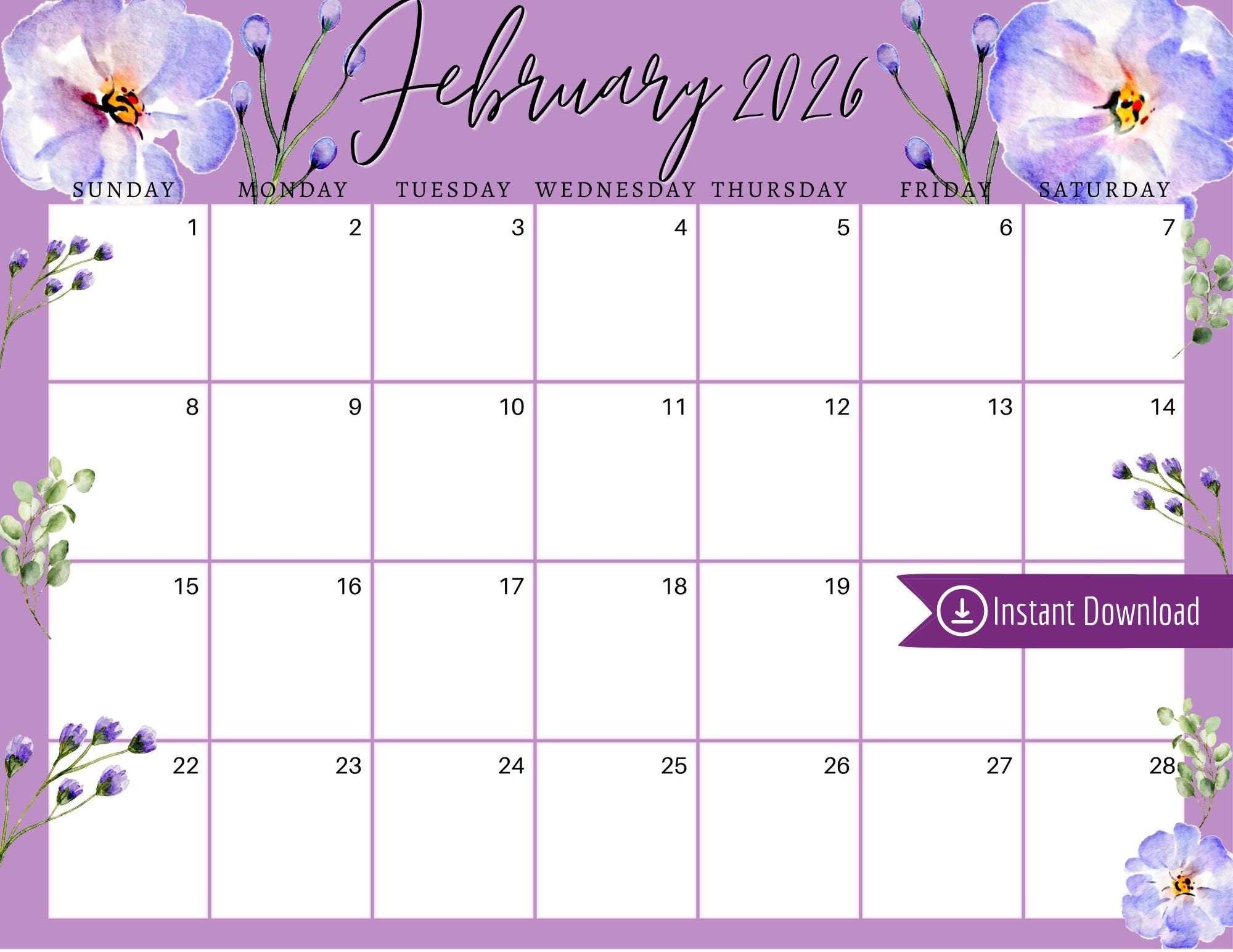 February 2026 Digital Calendar Violets Flowers Planner Editable Fillable Printable Calendar For Planning PDF PNG And JPG Download Etsy