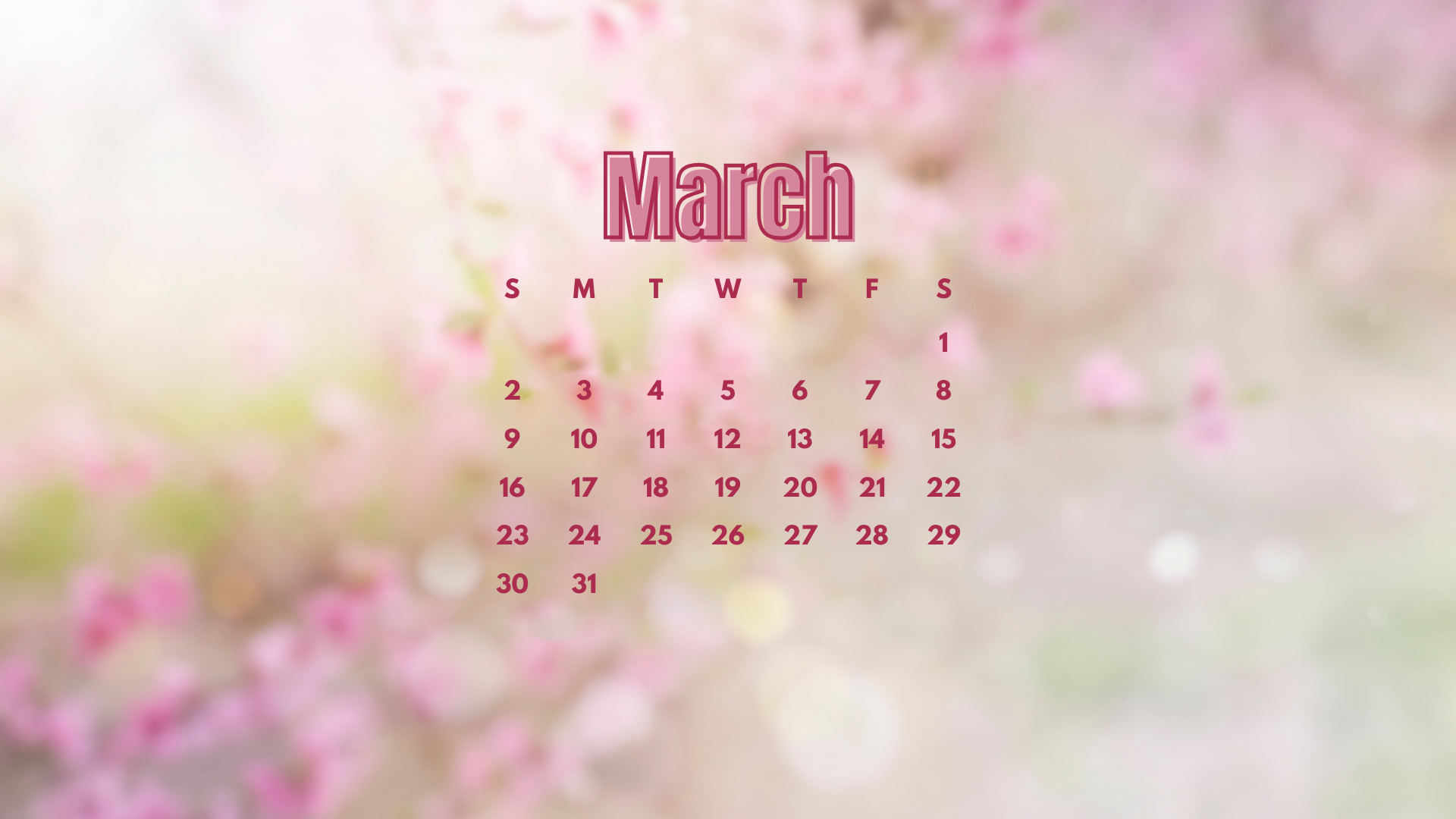 March 2025 Light Pink BG Calendar