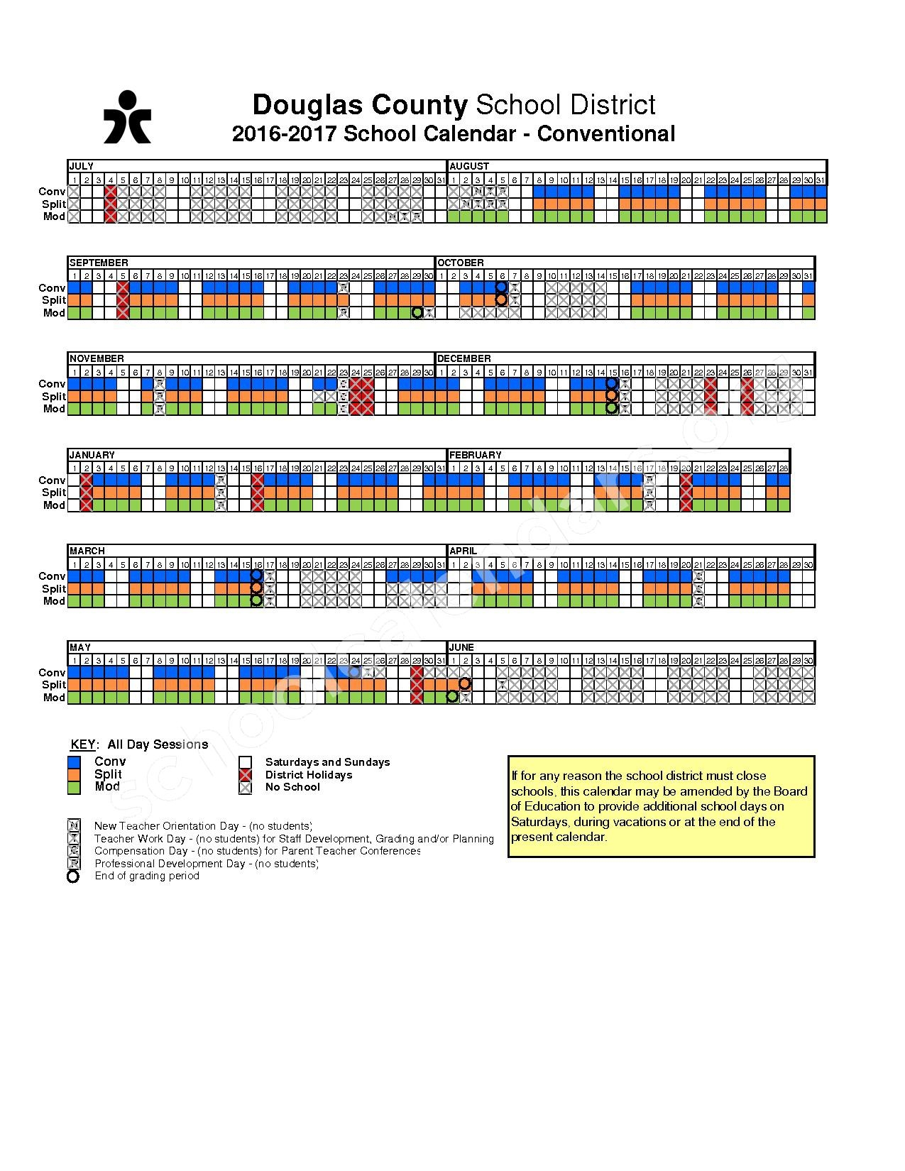 2016 2017 Conventional School Calendar Douglas County School District Castle Rock CO