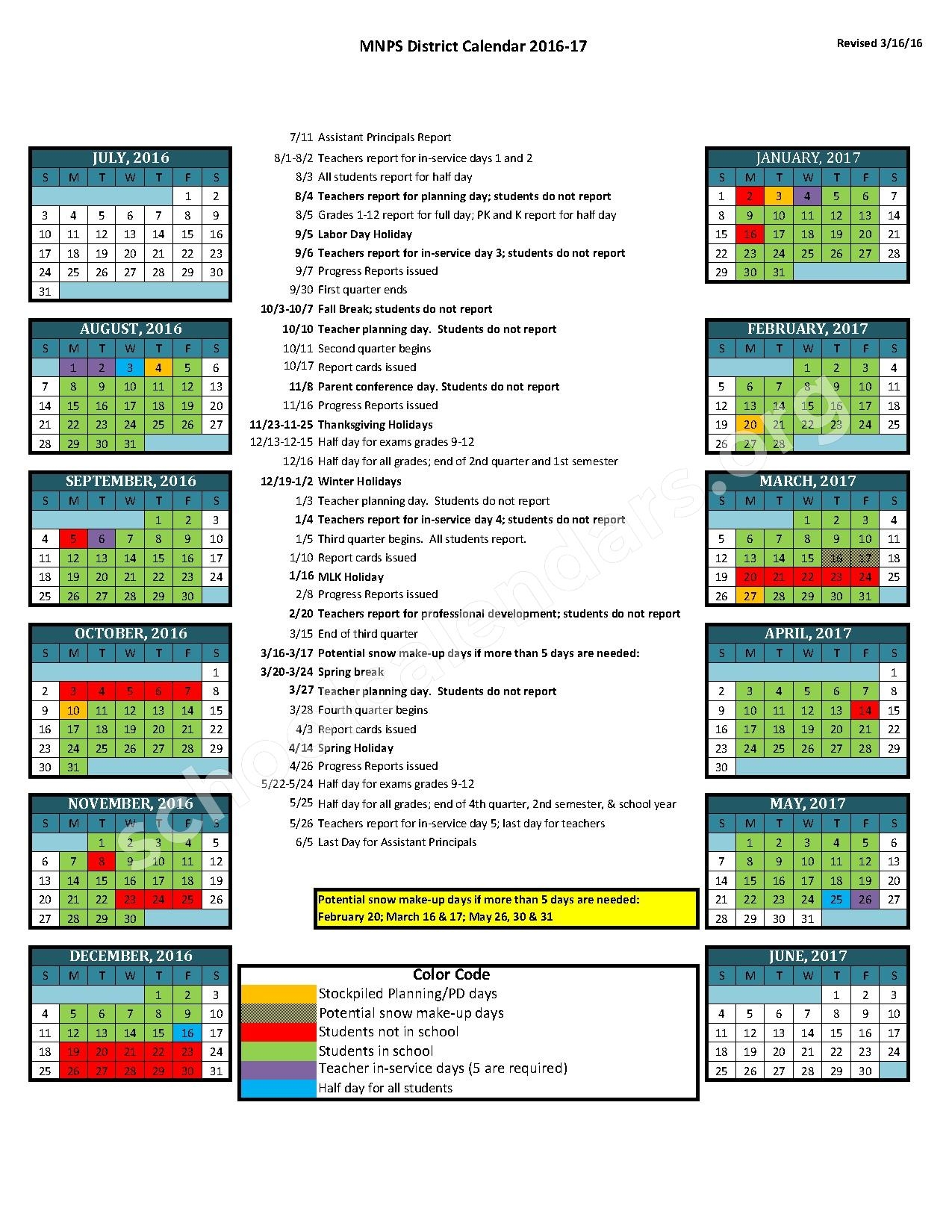 2016 2017 District Calendar Davidson County Schools Metropolitan Nashville Public Schools Nashville TN