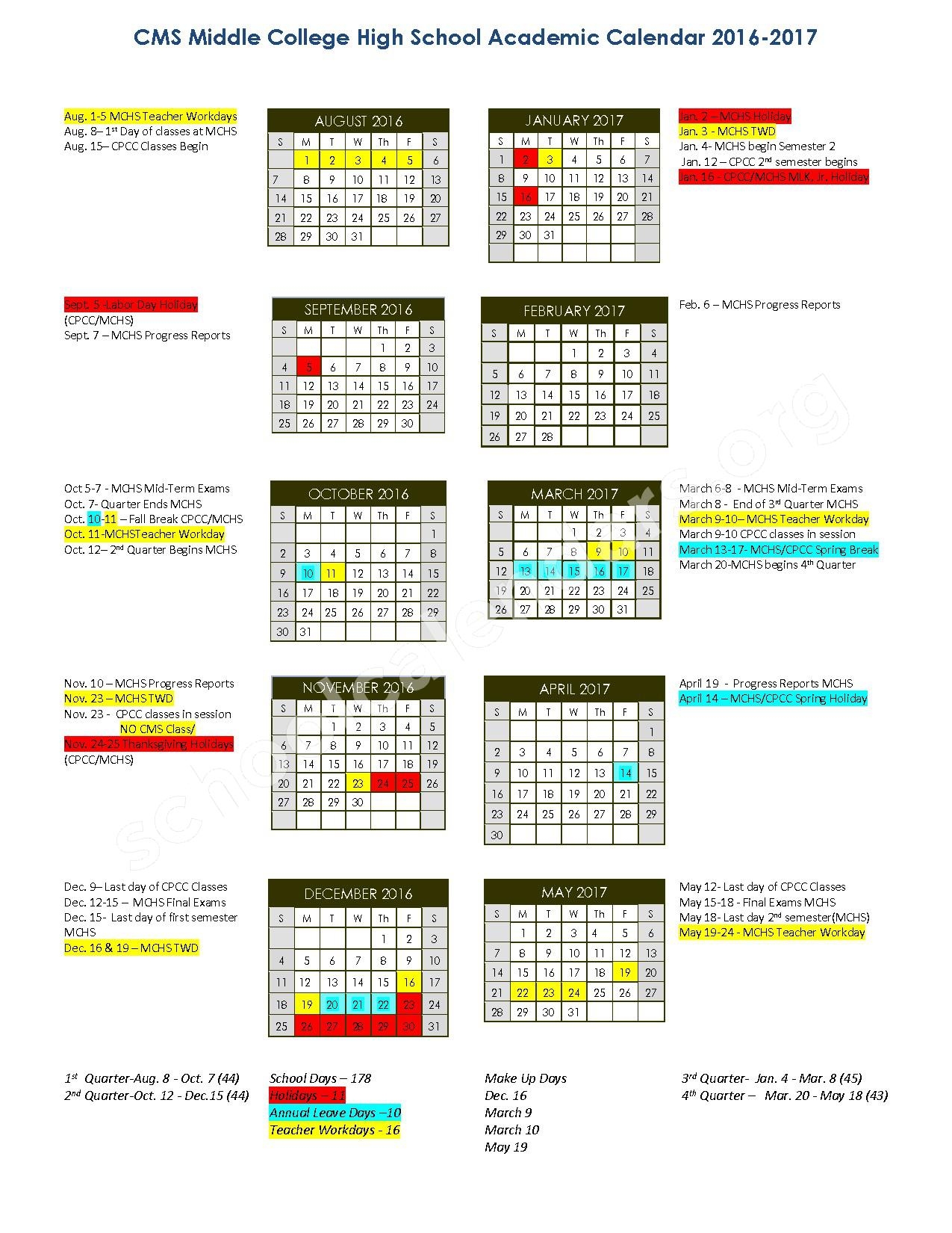 2016 2017 Middle College High School Calendar Charlotte Mecklenburg Schools Charlotte NC