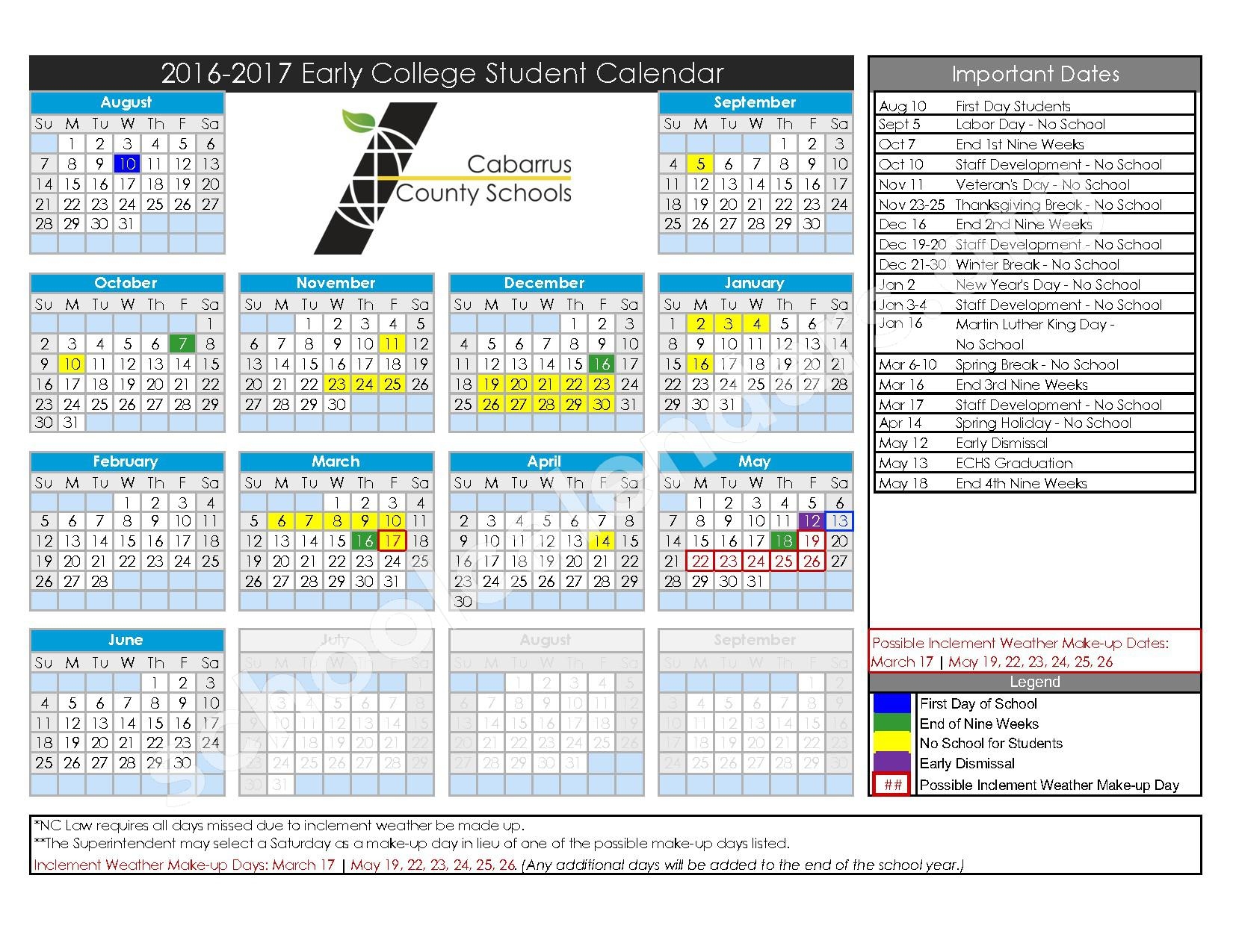 2016 2017 School Calendar Cabarrus County Schools Concord NC