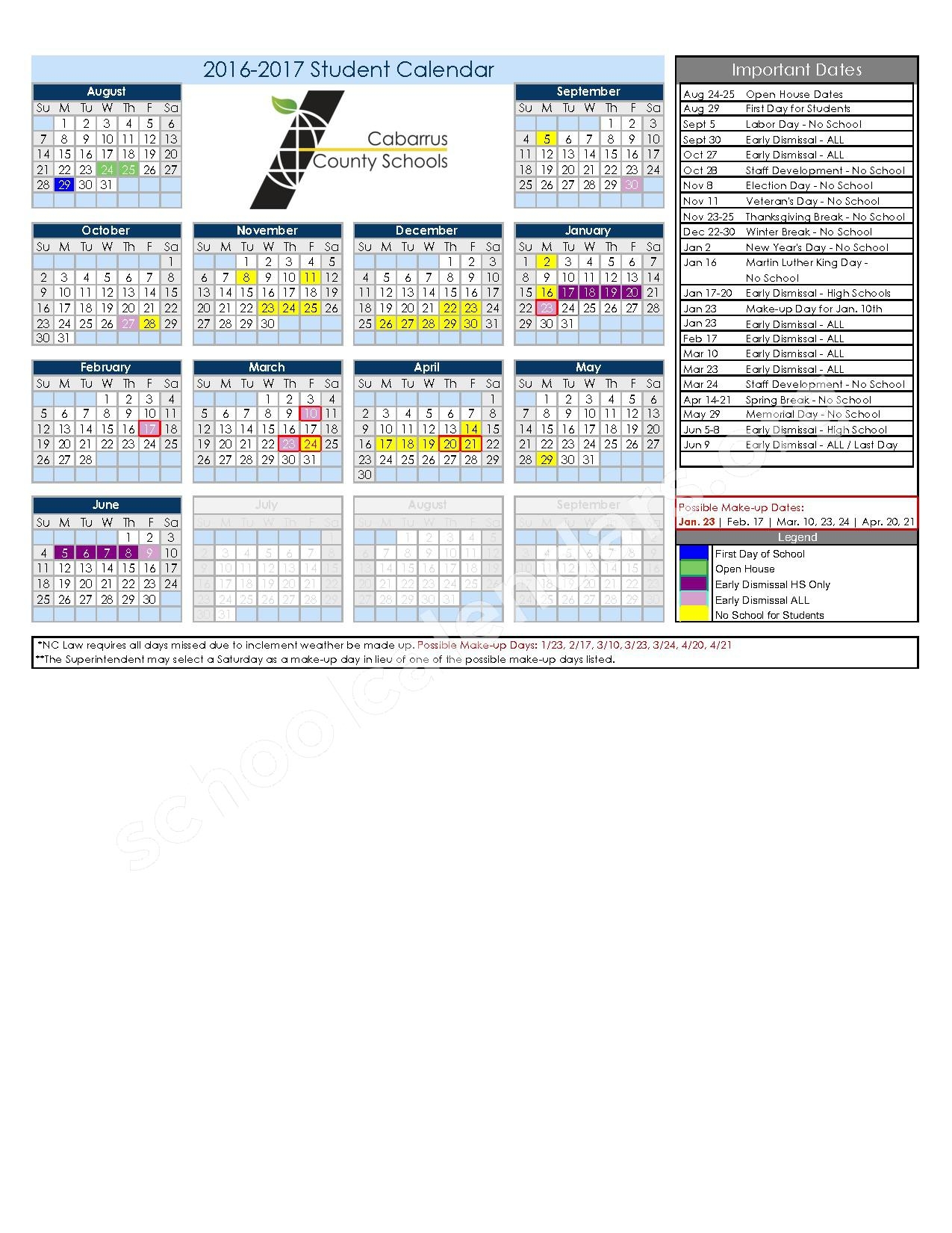 2016 2017 School Calendar Cabarrus County Schools Concord NC