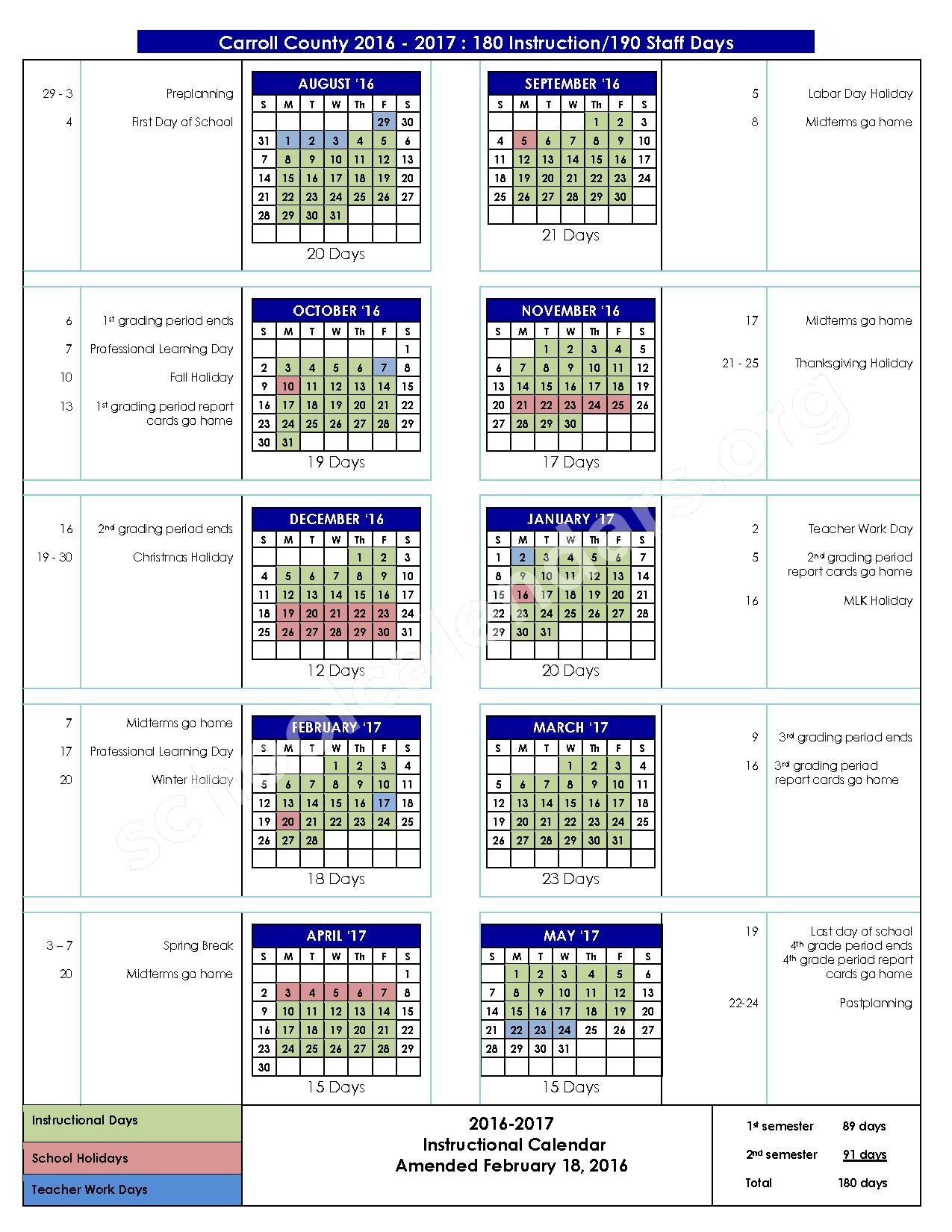 2016 2017 School Calendar Carroll County School District Carrollton GA