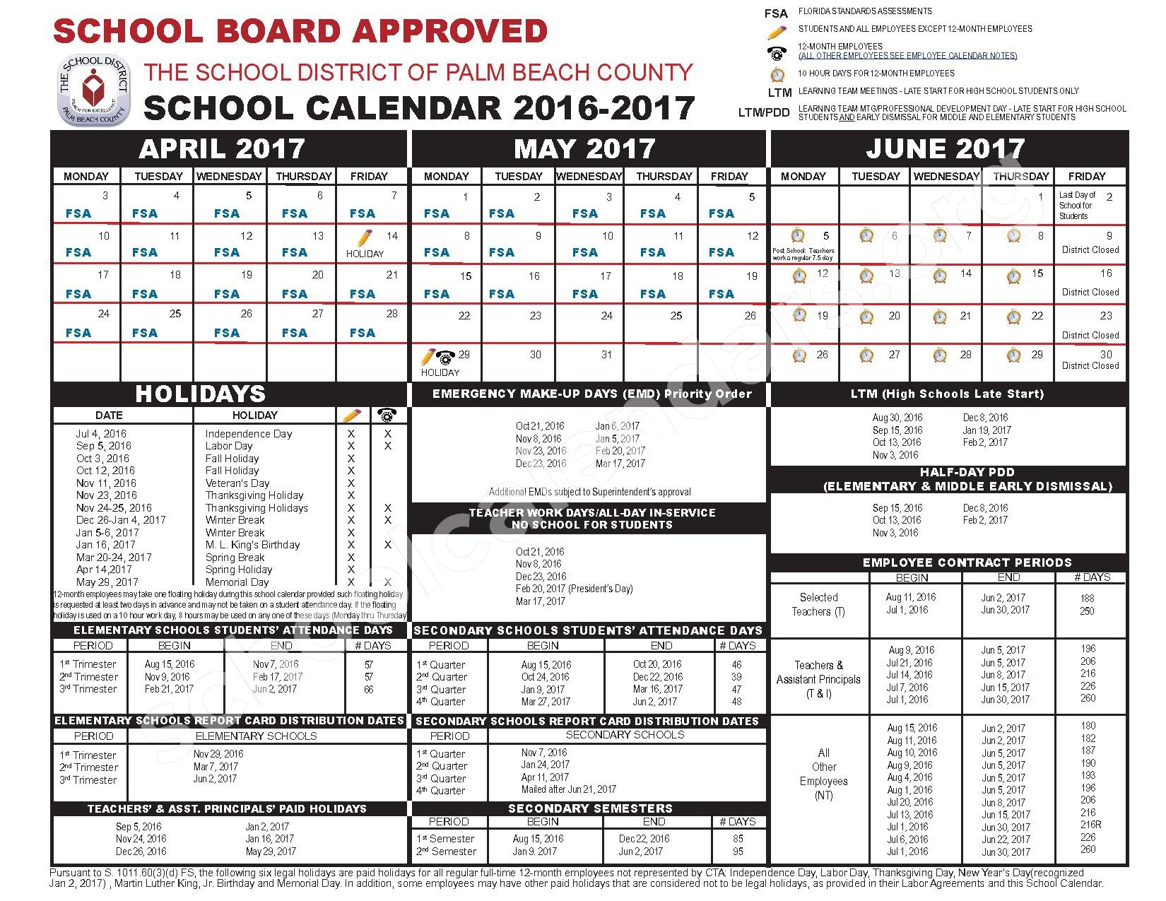 2016 2017 School Calendar Palm Beach County School District West Palm Beach FL