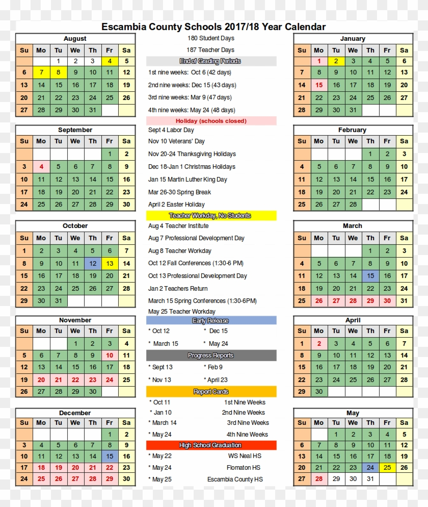 2017 2018 Calendar With Escambia County School Escambia County School District Calendar 2018 Clipart 125450 PikPng
