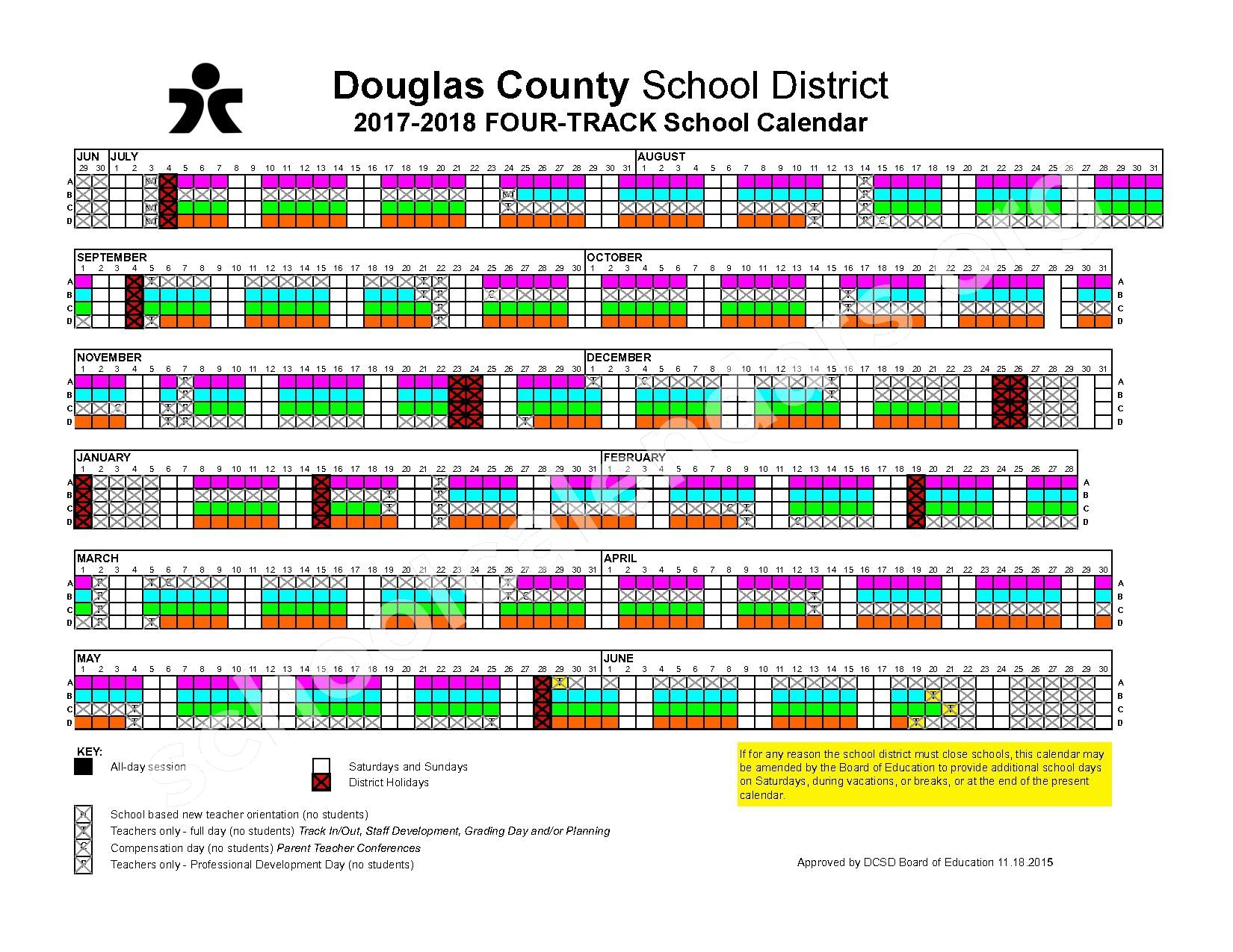 2017 2018 Four Track Calendar Douglas County School District Castle Rock CO