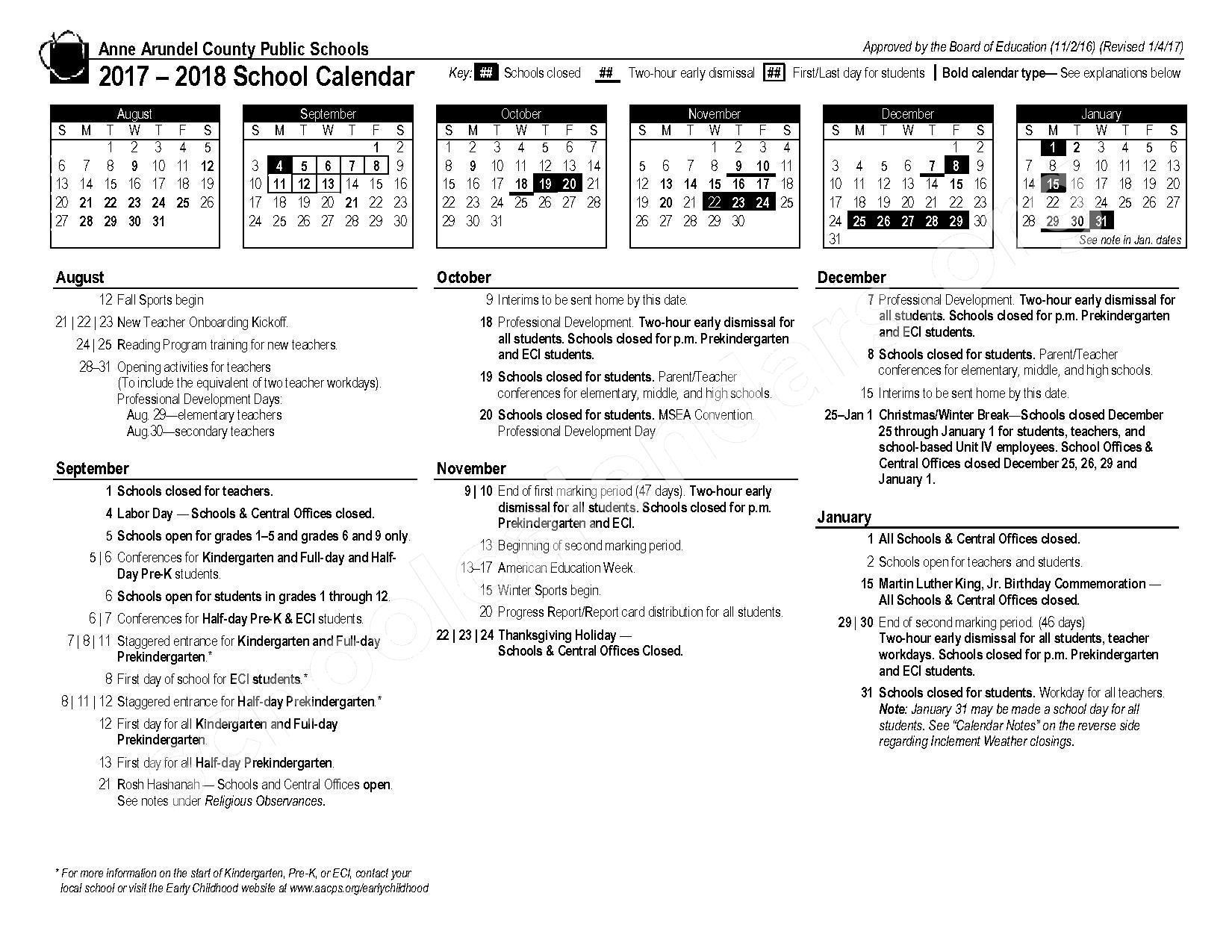 2017 2018 School Calendar Anne Arundel County Public Schools Annapolis MD