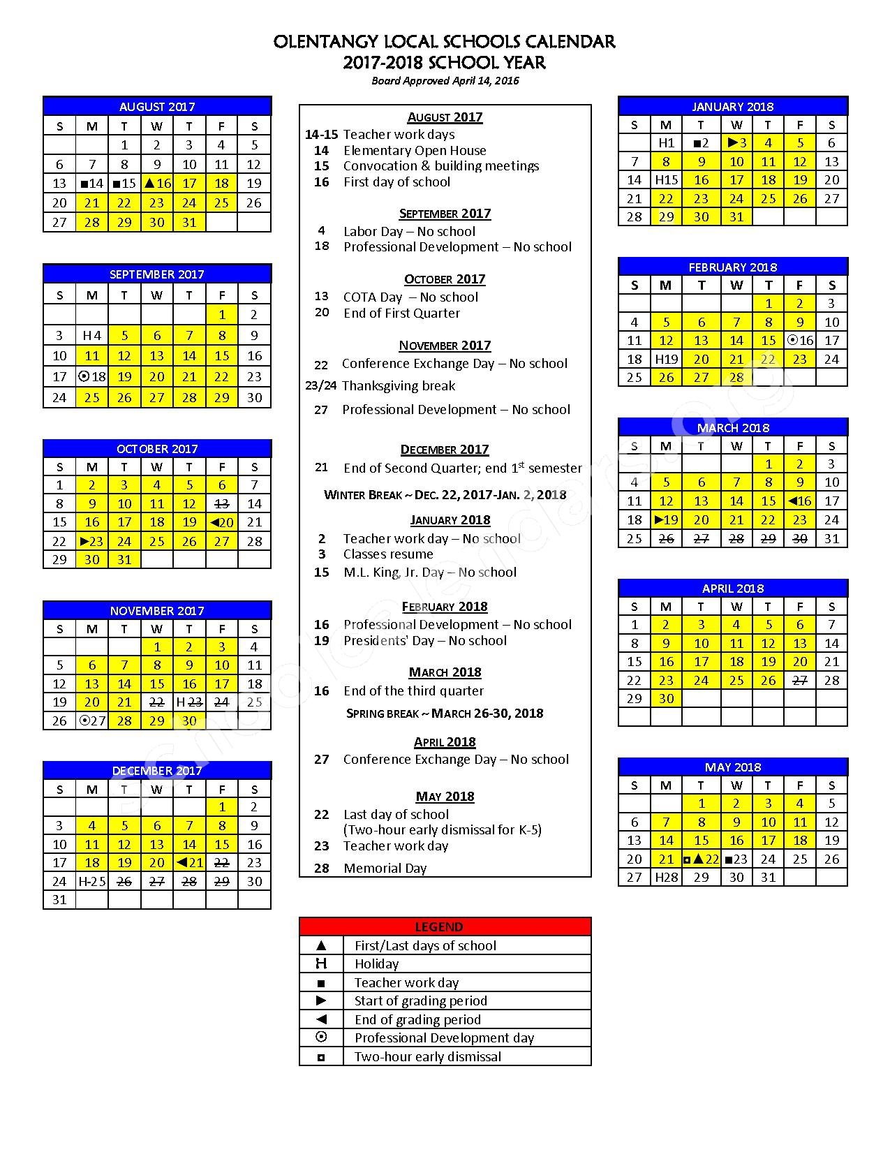 2017 2018 School Calendar Olentangy Local School District Lewis Center OH