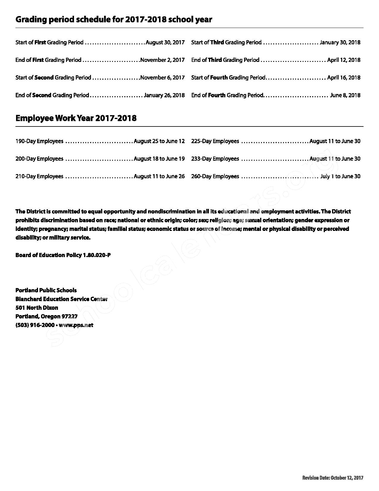 2017 2018 School Quarter Calendar Portland Public Schools Portland OR