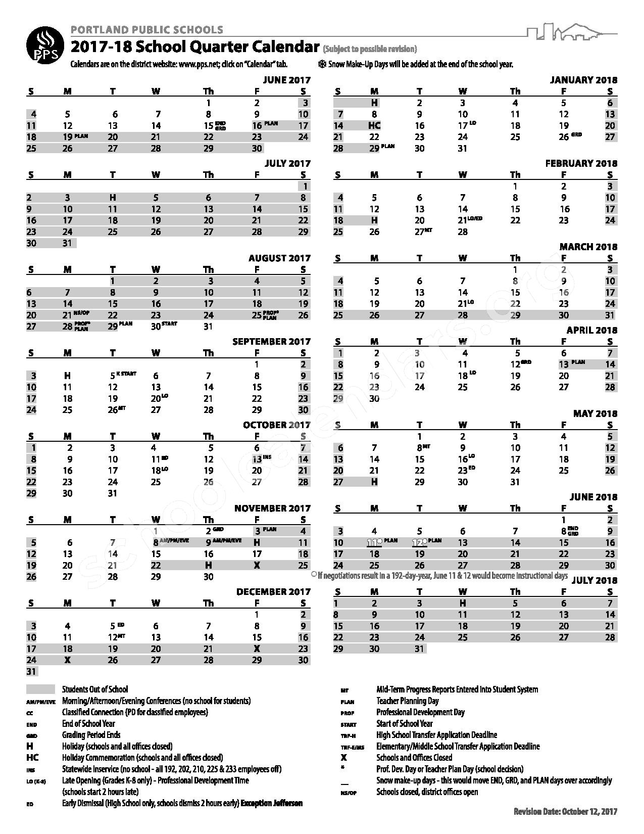 2017 2018 School Quarter Calendar Portland Public Schools Portland OR