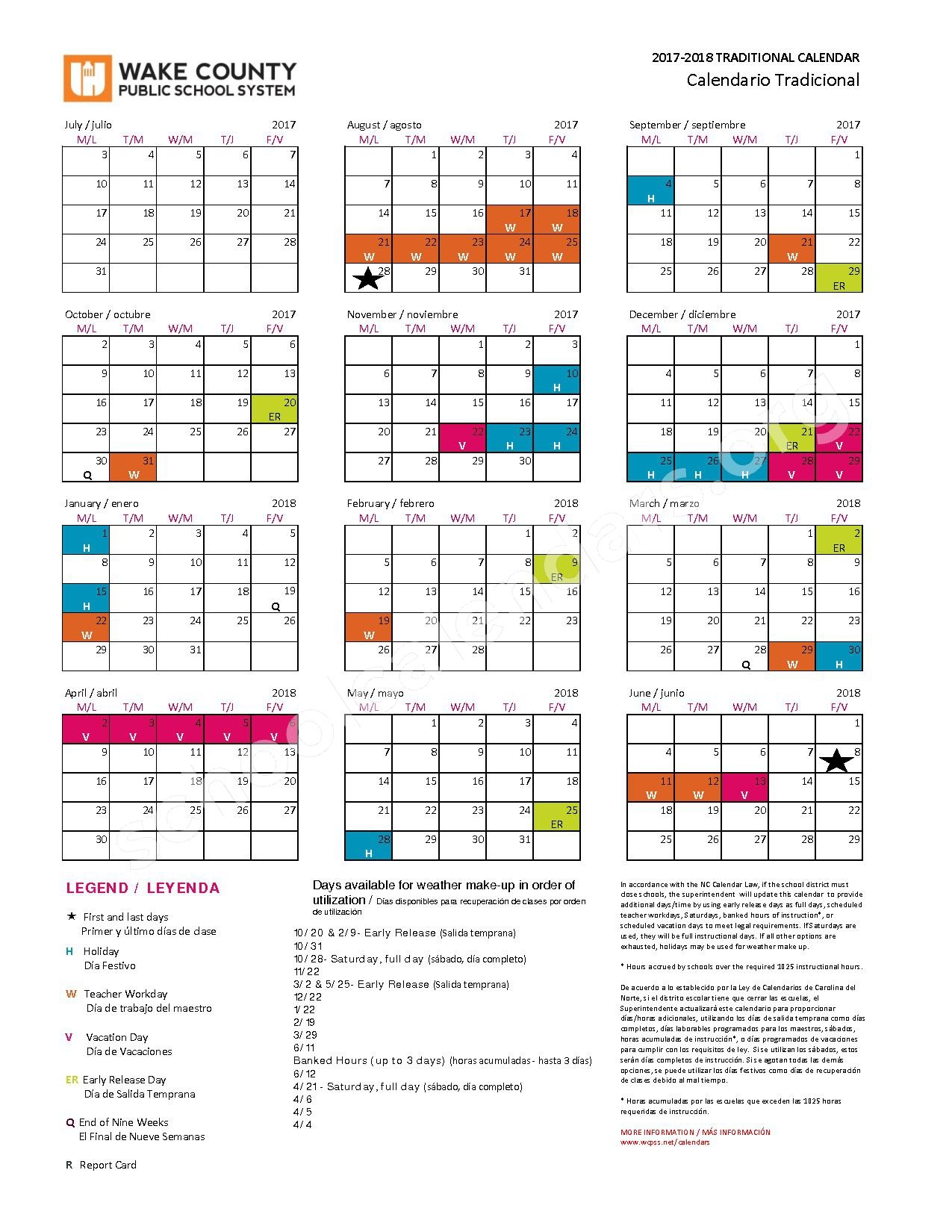 2017 2018 Traditional Calendar Wake County Public School System Cary NC