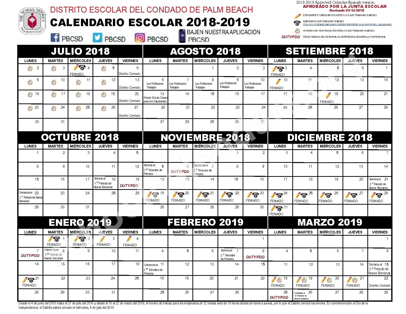 2018 2019 Calendario Escolar Palm Beach County School District West Palm Beach FL