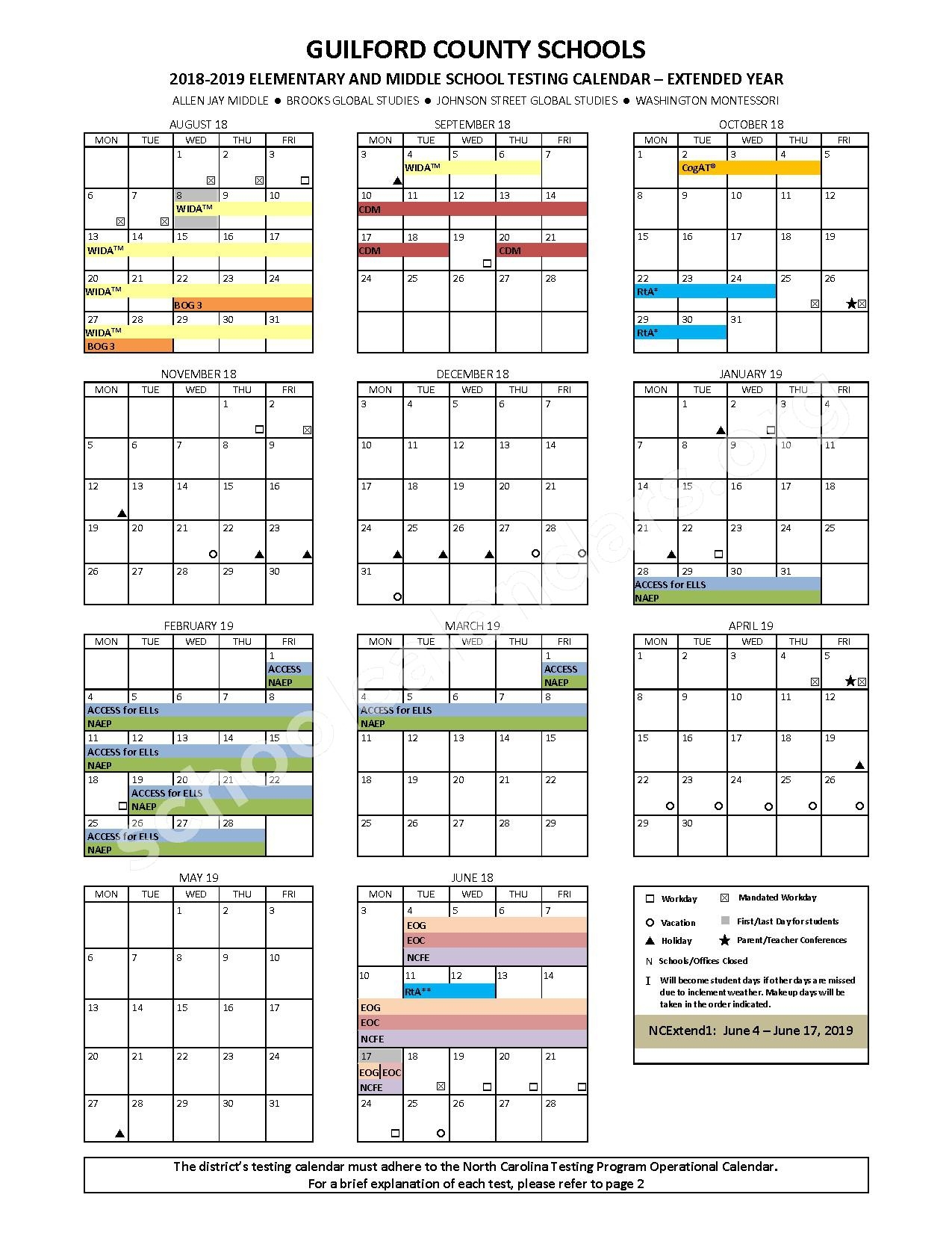 2018 2019 Elementary Middle School Testing Calendar Extended Year Guilford County Schools Greensboro NC 2018 2019 Elementary Middle School Testing Calendar Extended Year Guilford County Schools Greensboro NC