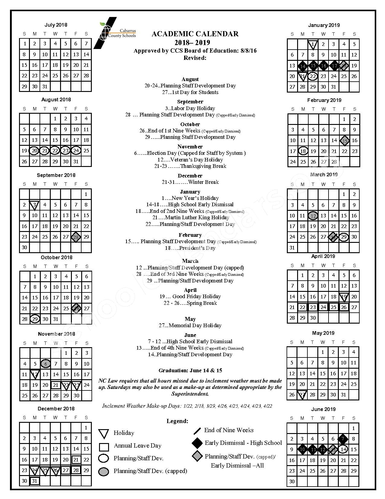 2018 2019 School Calendar Cabarrus County Schools Concord NC