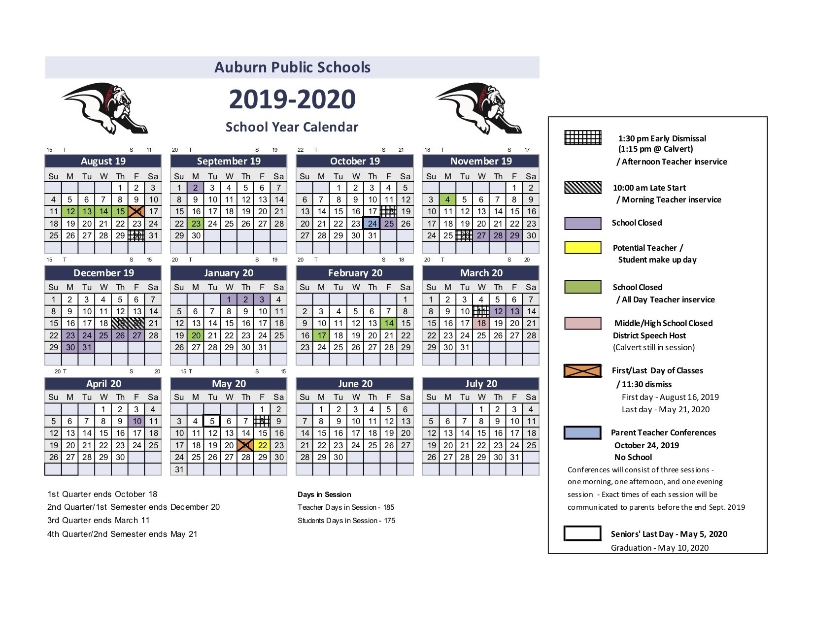 2019 2020 Updated School Year Calendar Auburn Public Schools