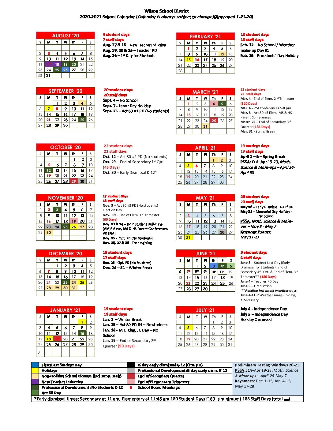 2020 2021 School Calendar APPROVED 1 21 2020 Wilson School District