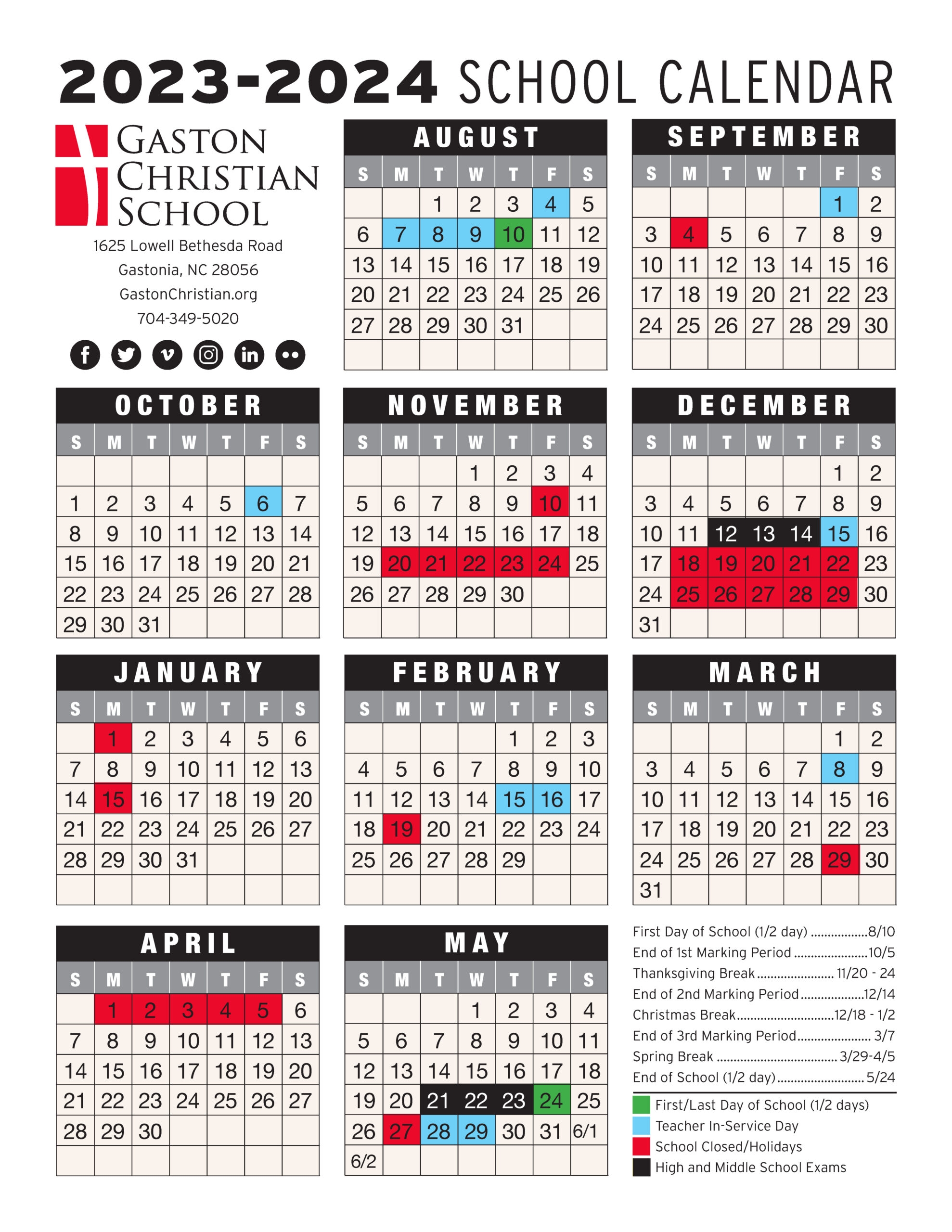 2023 2024 GCS Main School Calendar Gaston Christian School