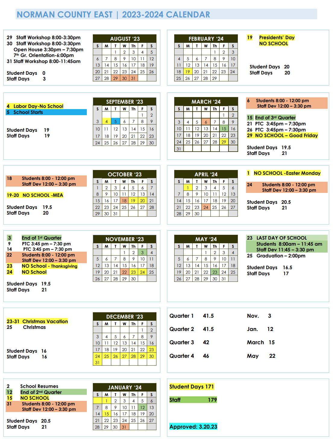 2023 24 School Calendar Approved 3 20 23 Norman County East School