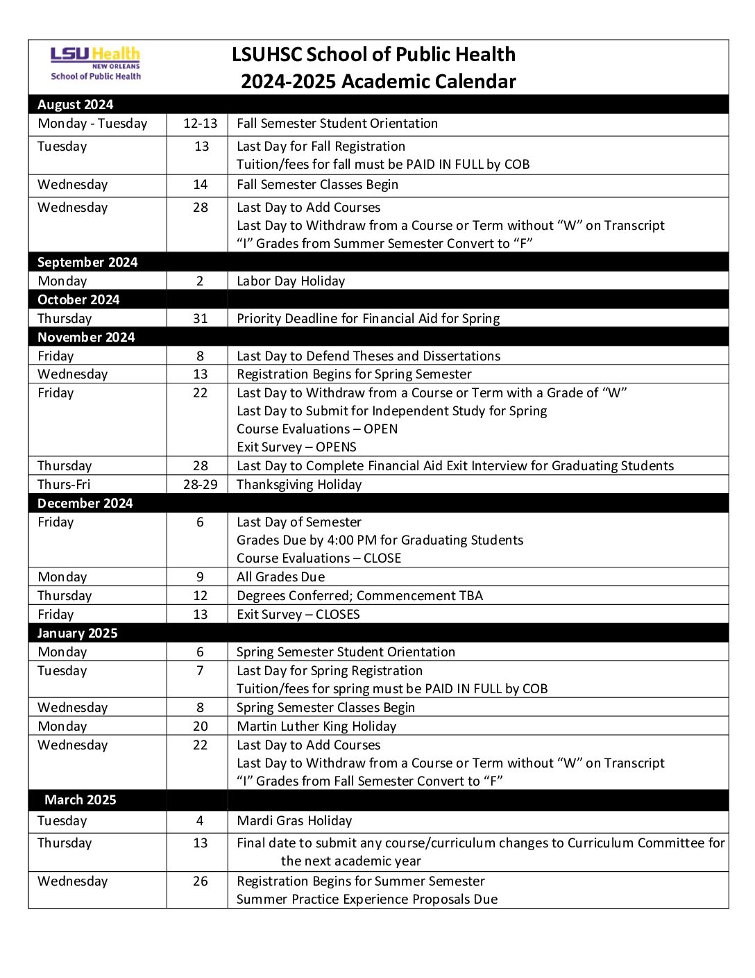 2024 2025 Academic Calendar 04222024 002 Public Health