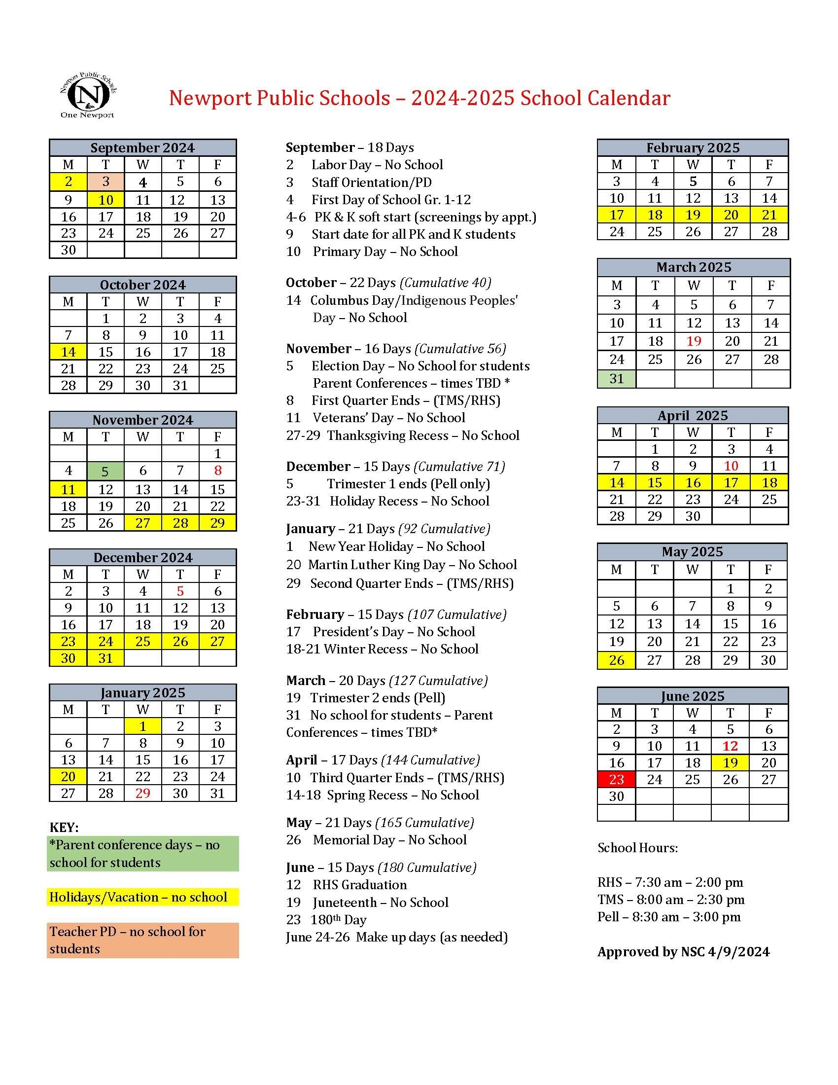 2024 2025 Newport Public Schools Calendar Newport Public Schools