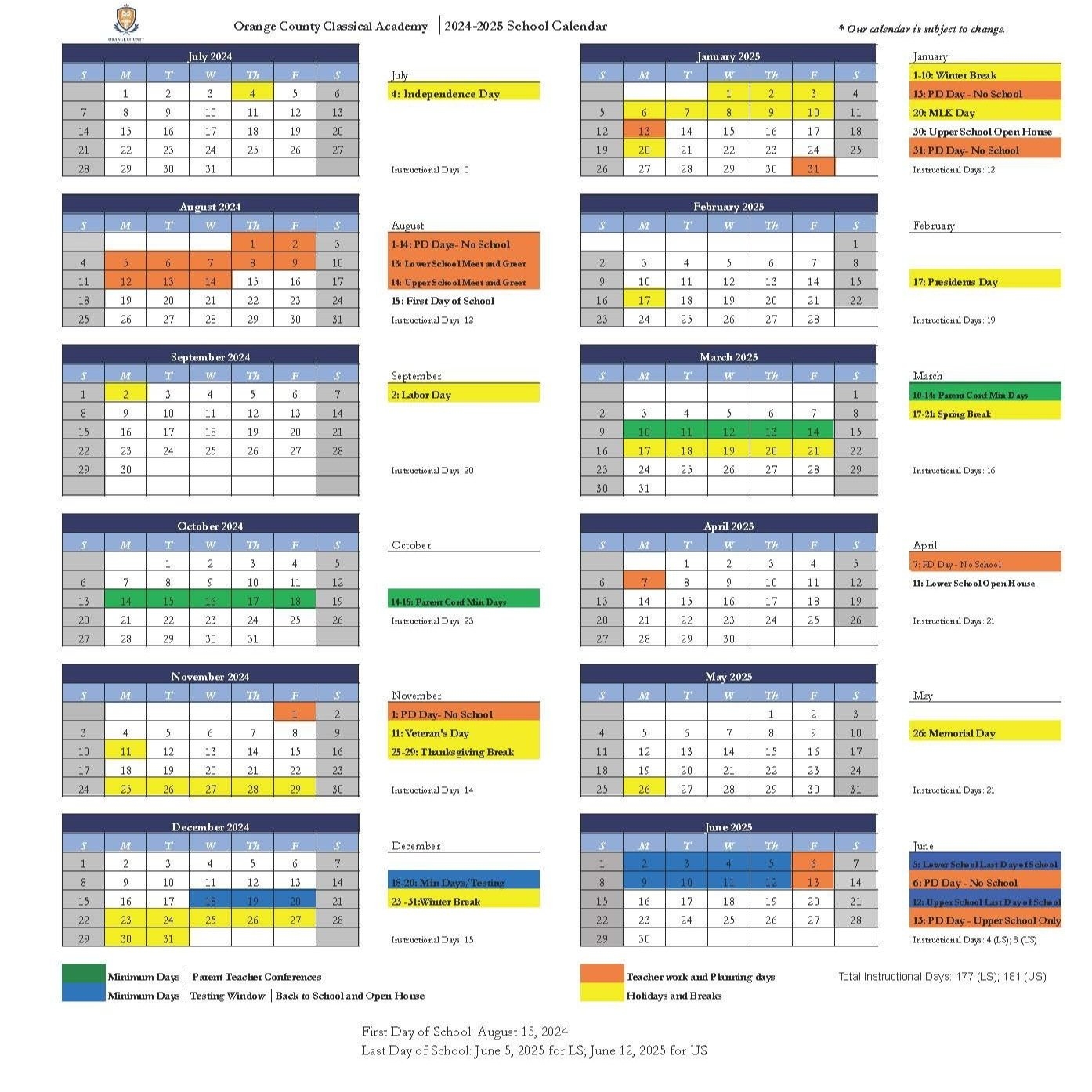 2024 2025 School Calendar And Bell Schedule Orange County Classical Academy A Hillsdale College Member School