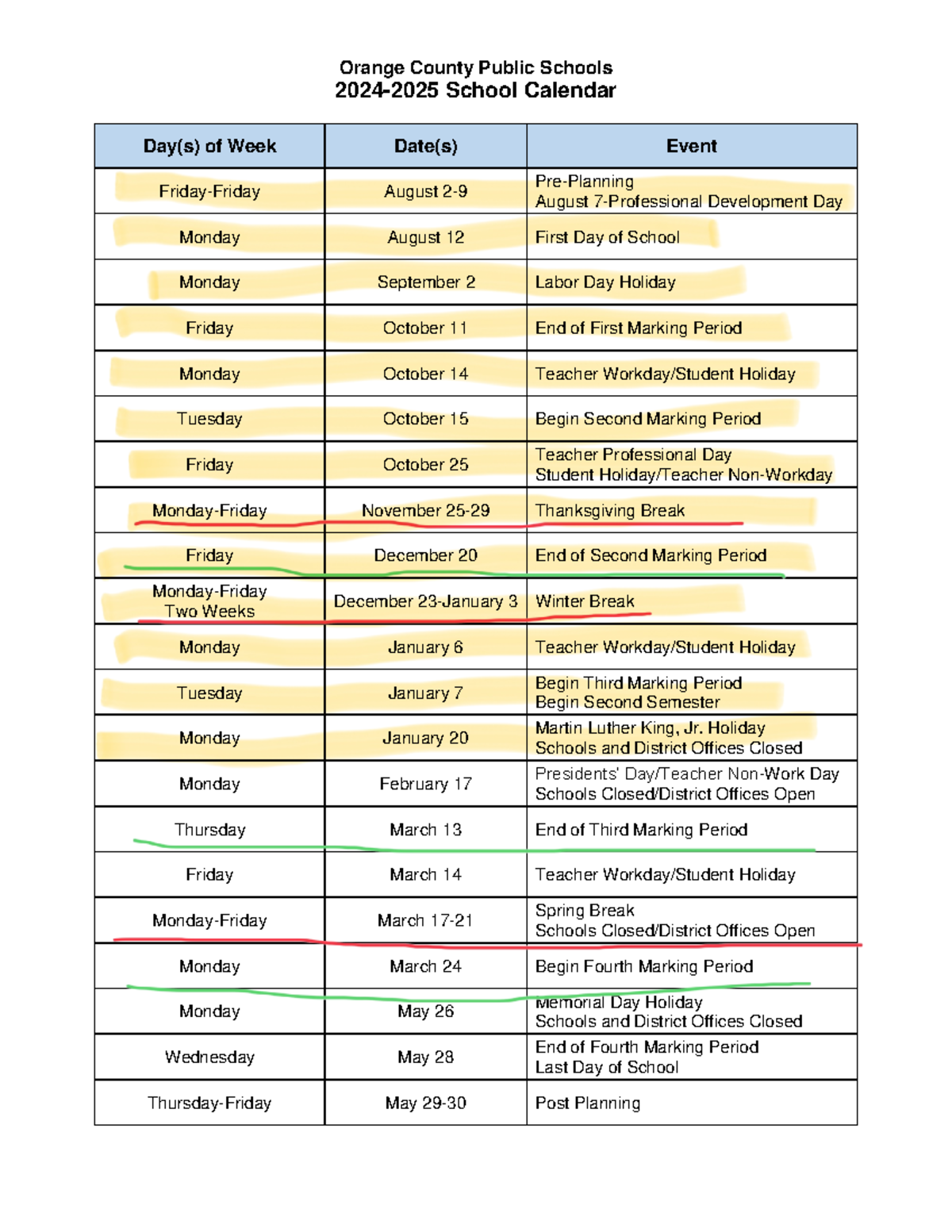 2024 25 OCPS School Calendar Key Dates Events Overview Studocu