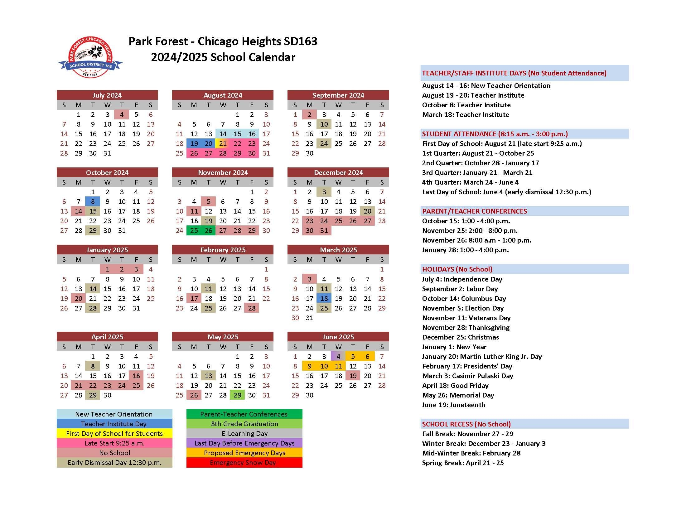 2024 25 School Calendar Park Forest Chicago Heights School District 163