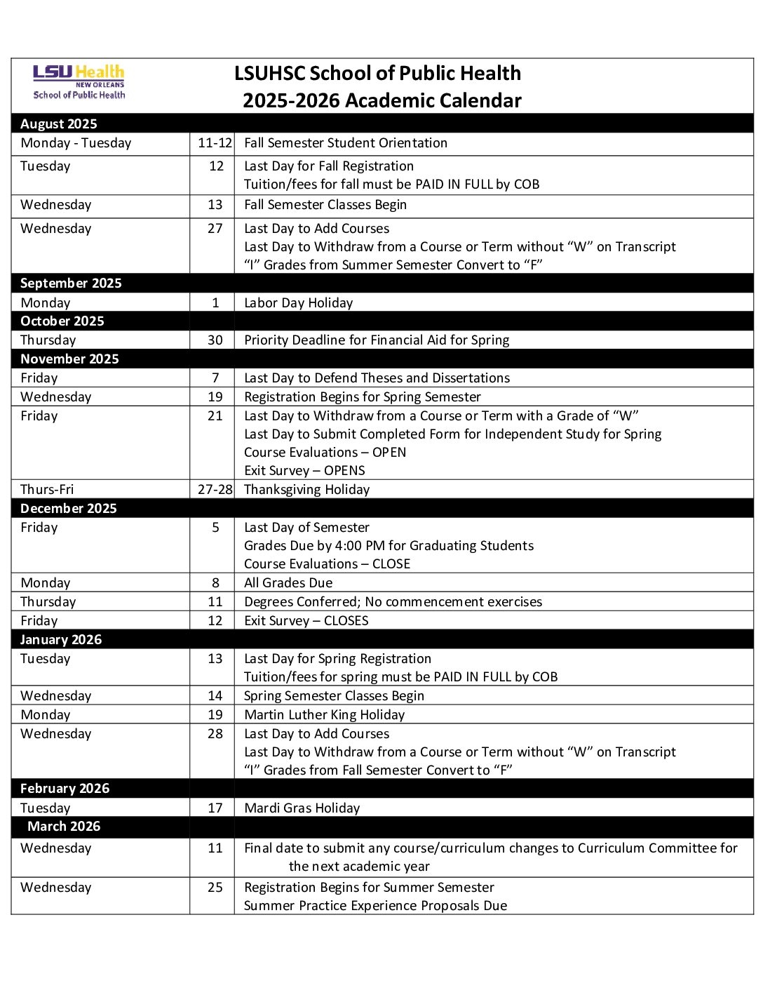2025 2026 Academic Calendar Updated 6 19 25 Public Health