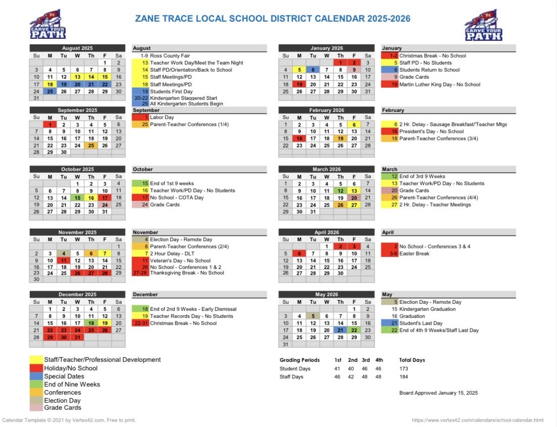 2025 2026 District Calendar Zane Trace High School