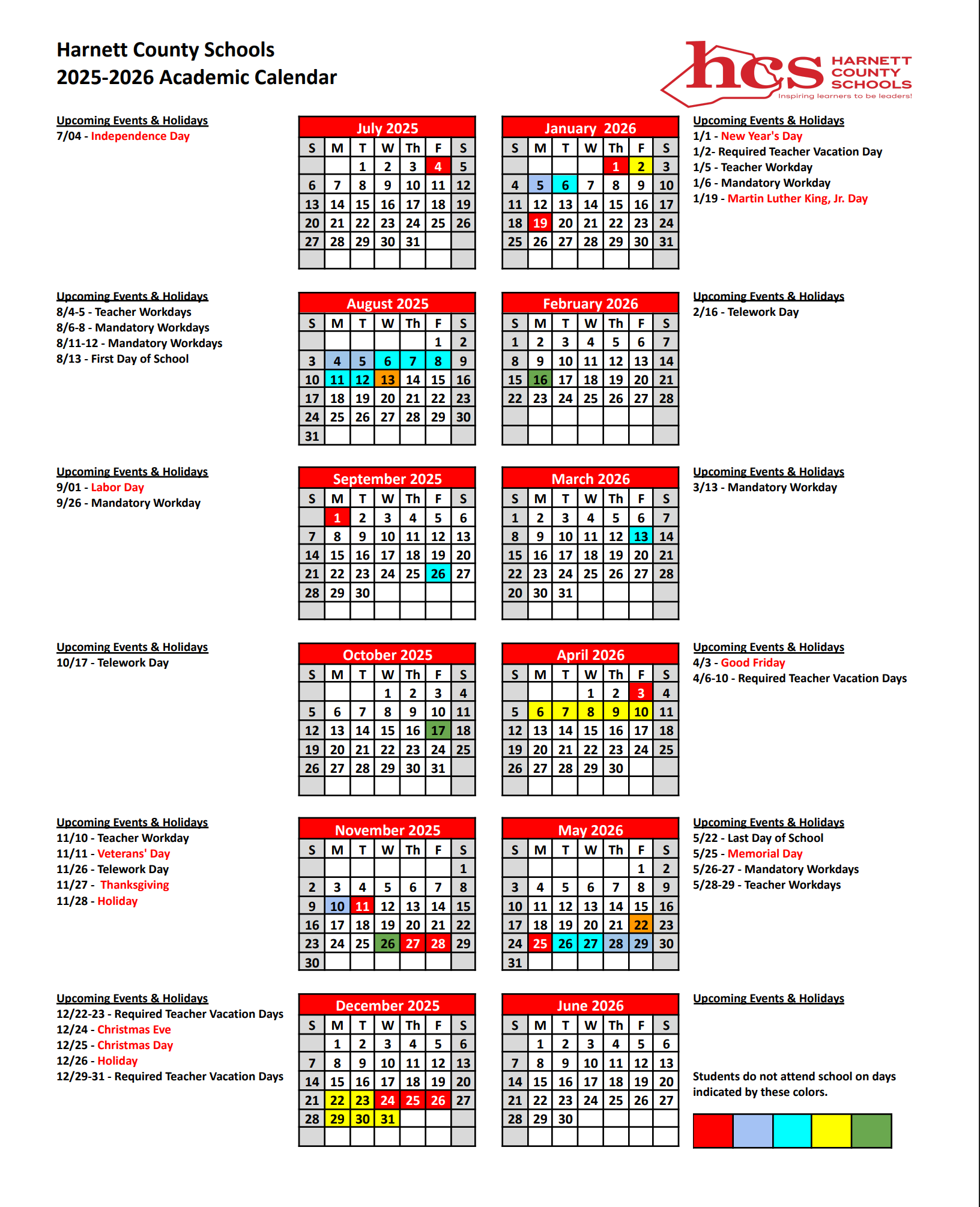 2025 2026 HCS Academic Calendar Highland Elementary School