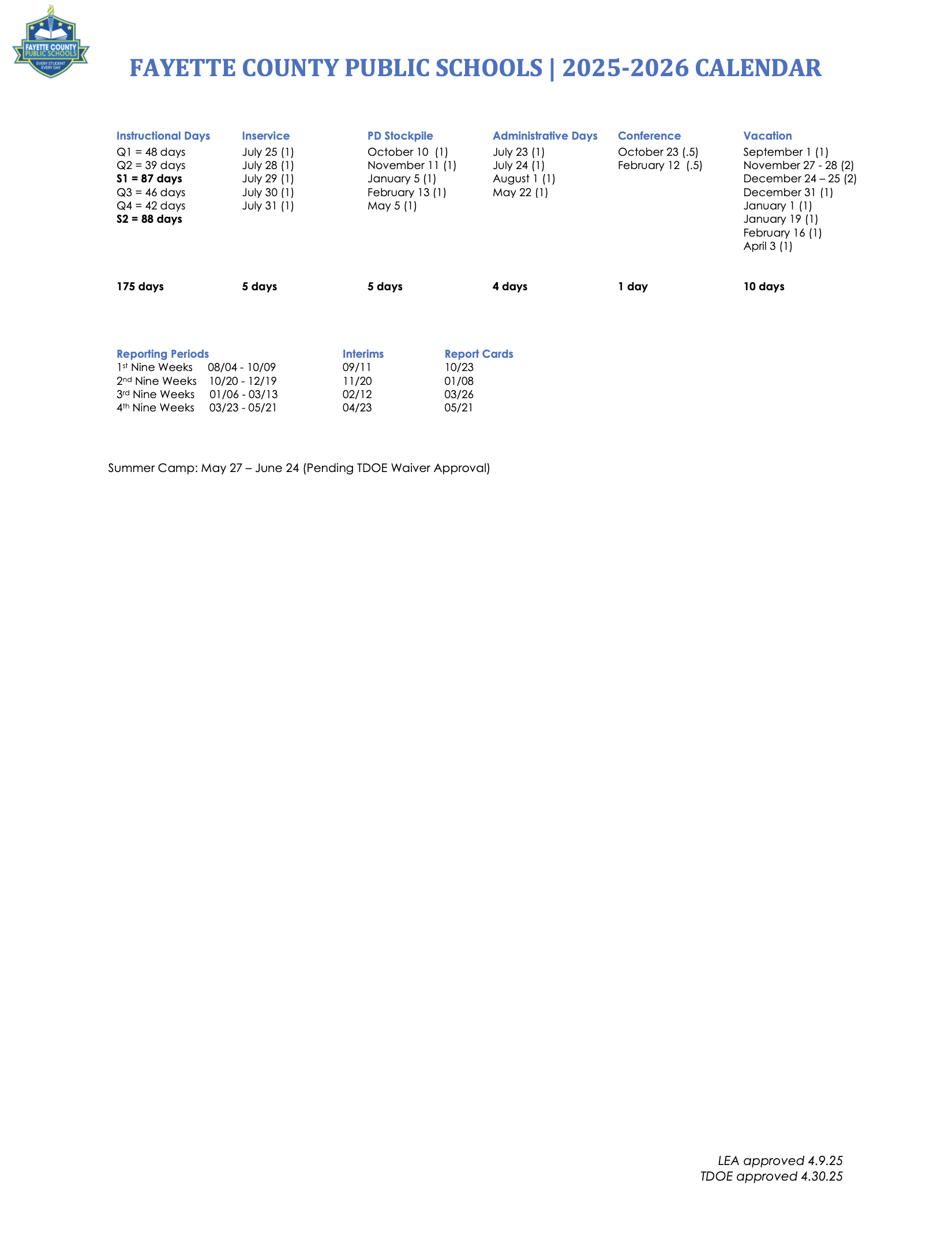 2025 2026 Instructional Calendar Calendars And Events Fayette County Public Schools