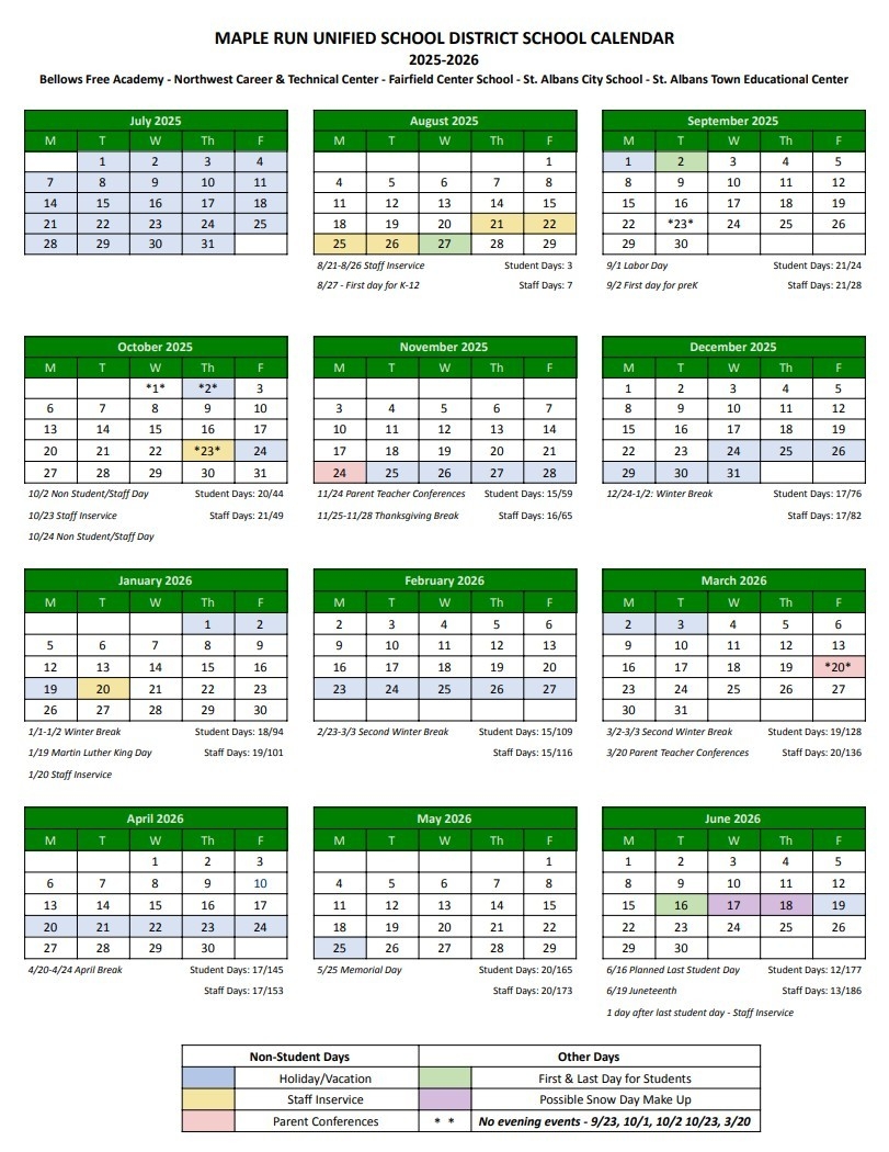 2025 2026 Maple Run Unified School District Calendar Now Available Early Childhood Programs