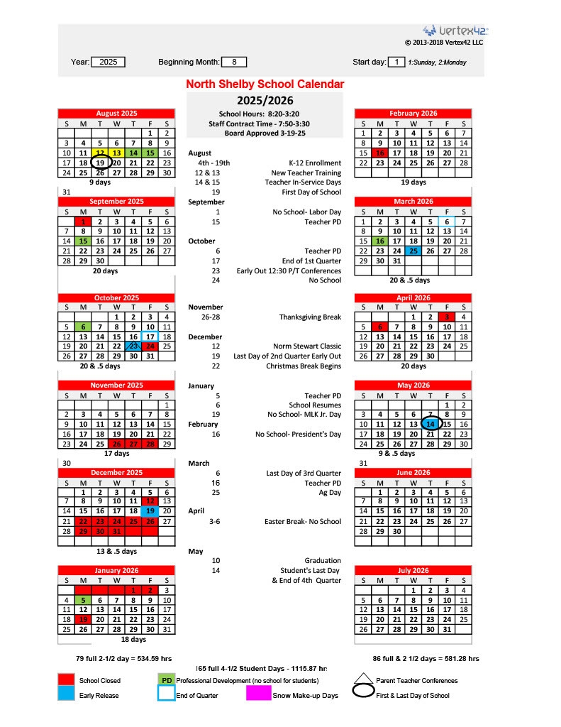 2025 2026 North Shelby District Calendar North Shelby School District