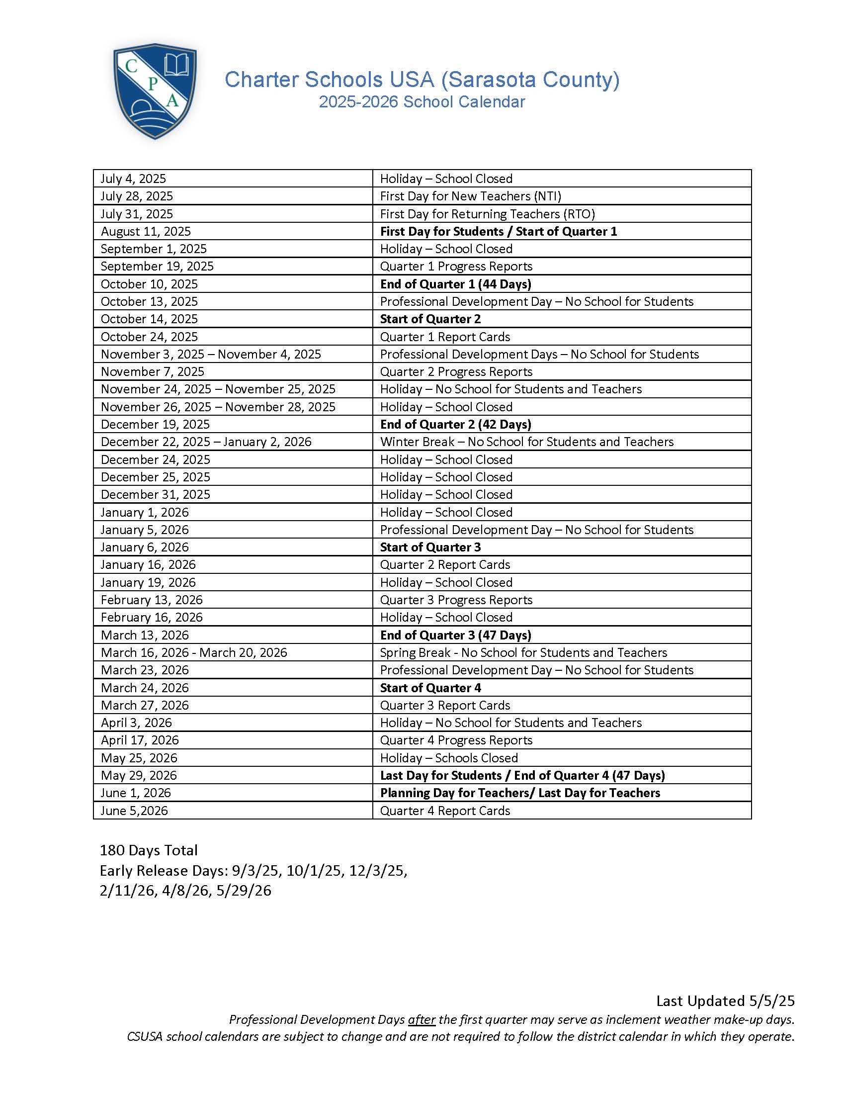2025 2026 Printable Calendars School Calendar College Preparatory Academy At Wellen Park