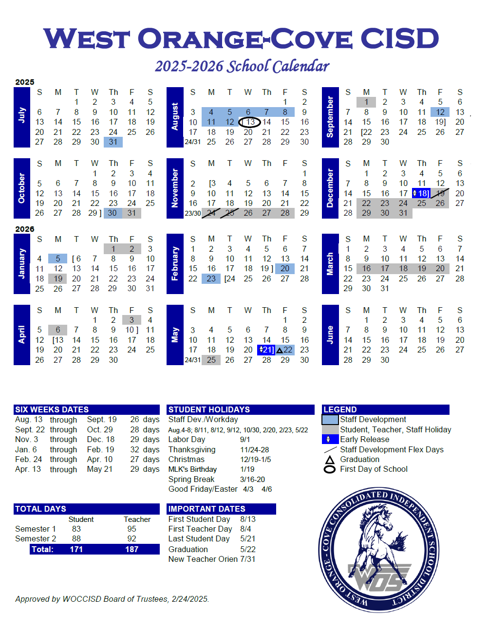 2025 2026 School Calendar West Orange Cove Consolidated Independent School District