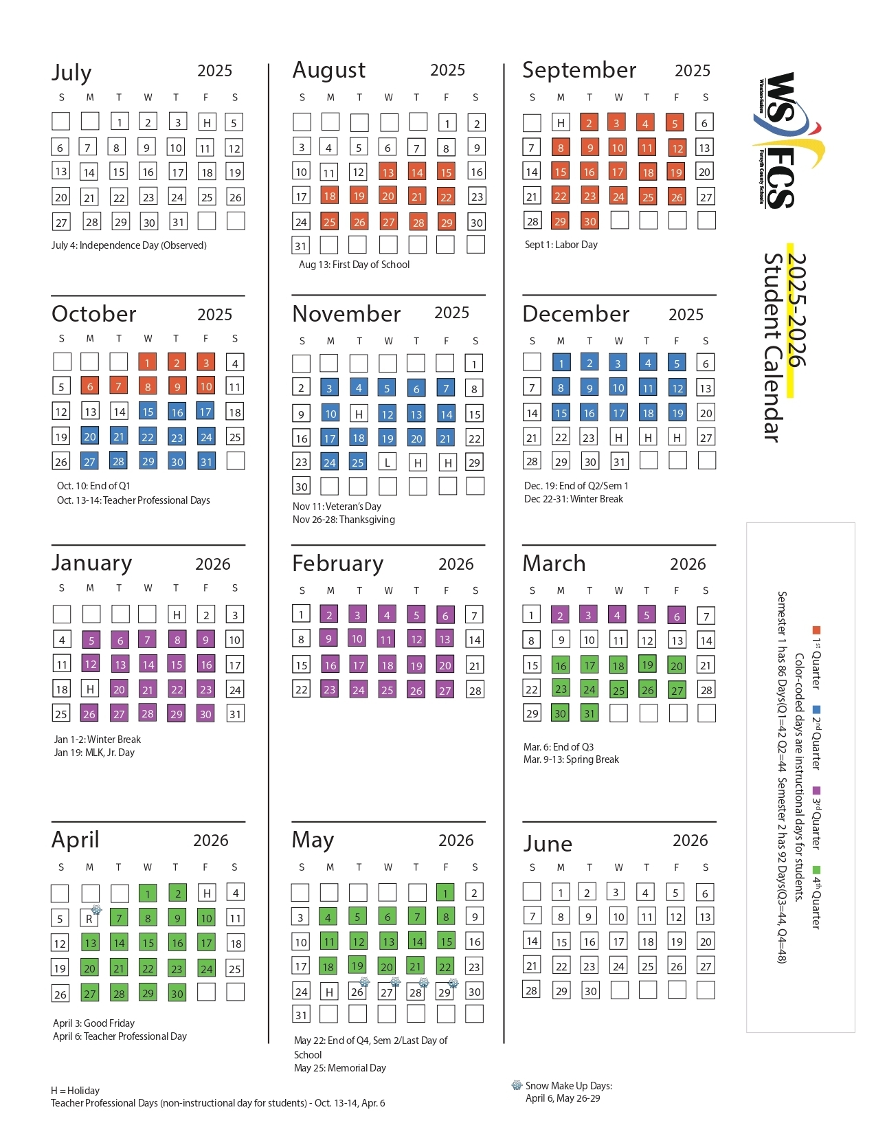 2025 2026 WSFCS Student Calendar Lewisville Middle School
