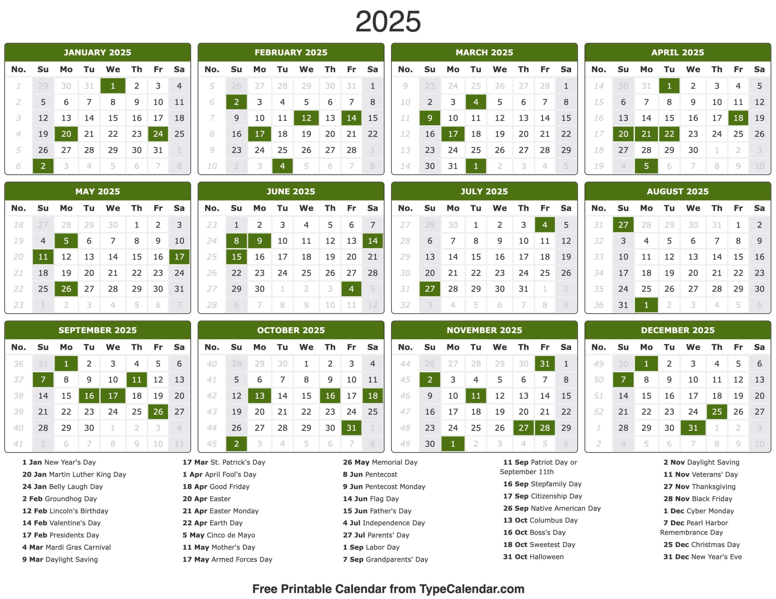 2025 monthly printable calendar with holidays