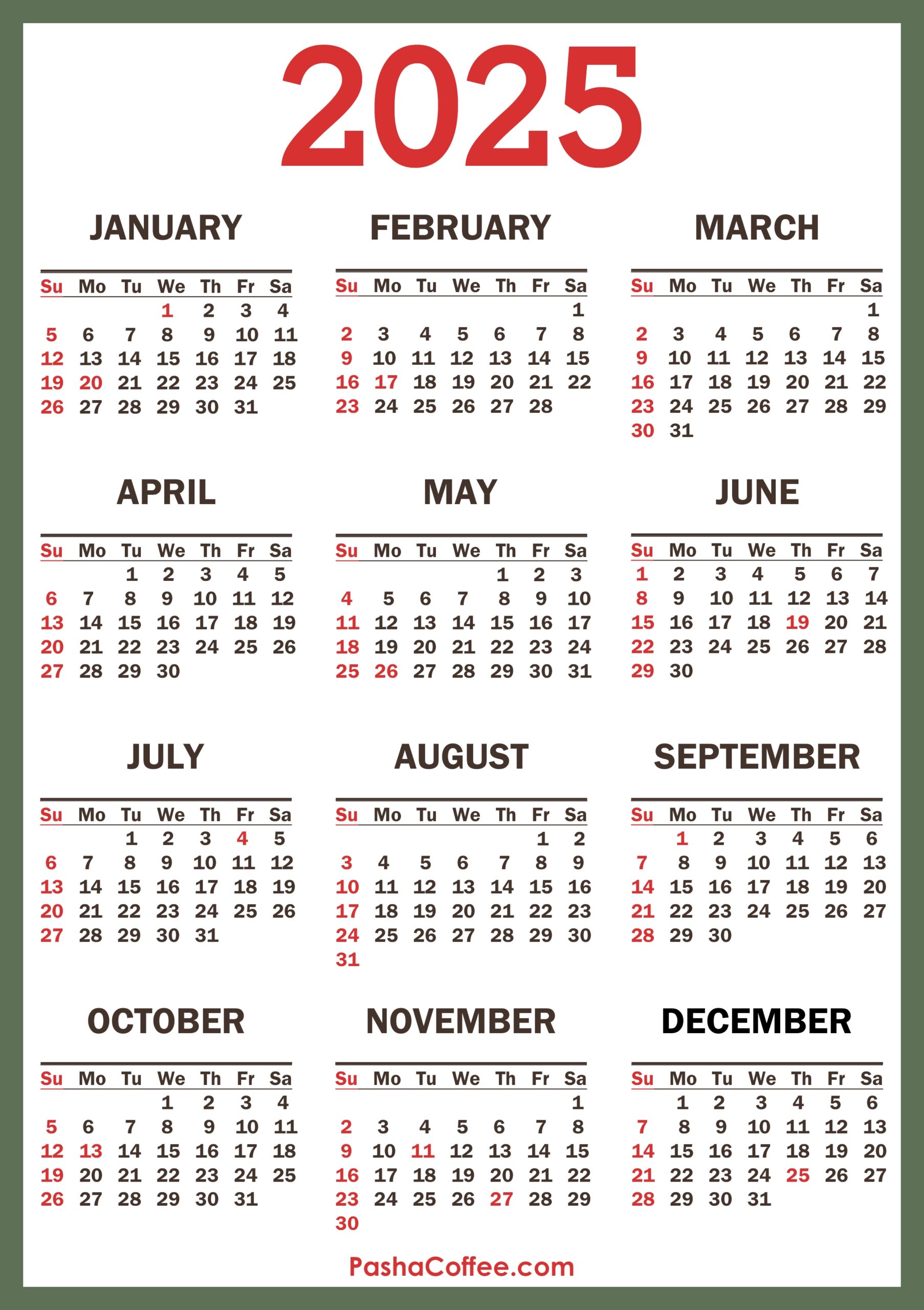 2025 calendar with holidays printable pdf