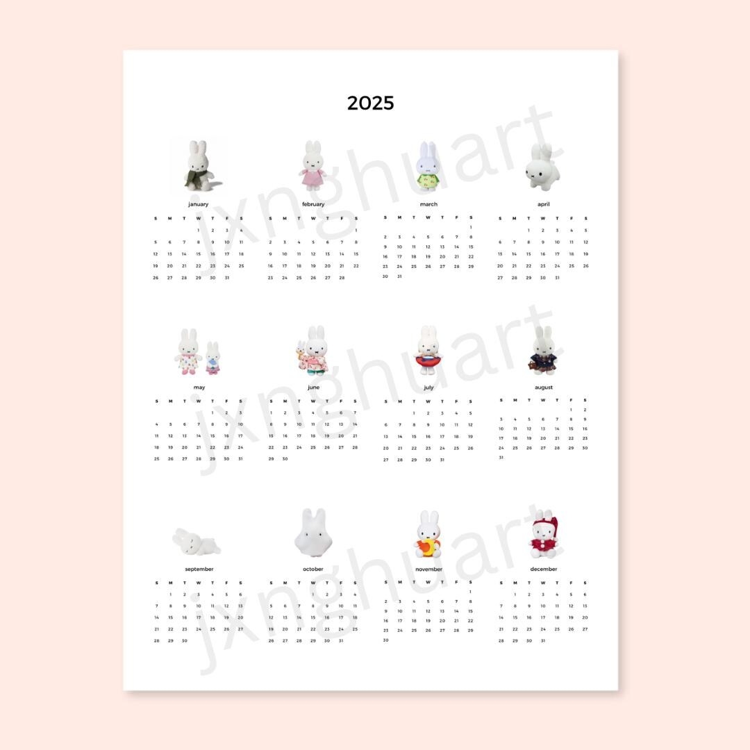 2025 Cute Miffy Bunny Rabbit Monthly Yearly Calendar Prints Digital Download PRINTABLE PDF Etsy