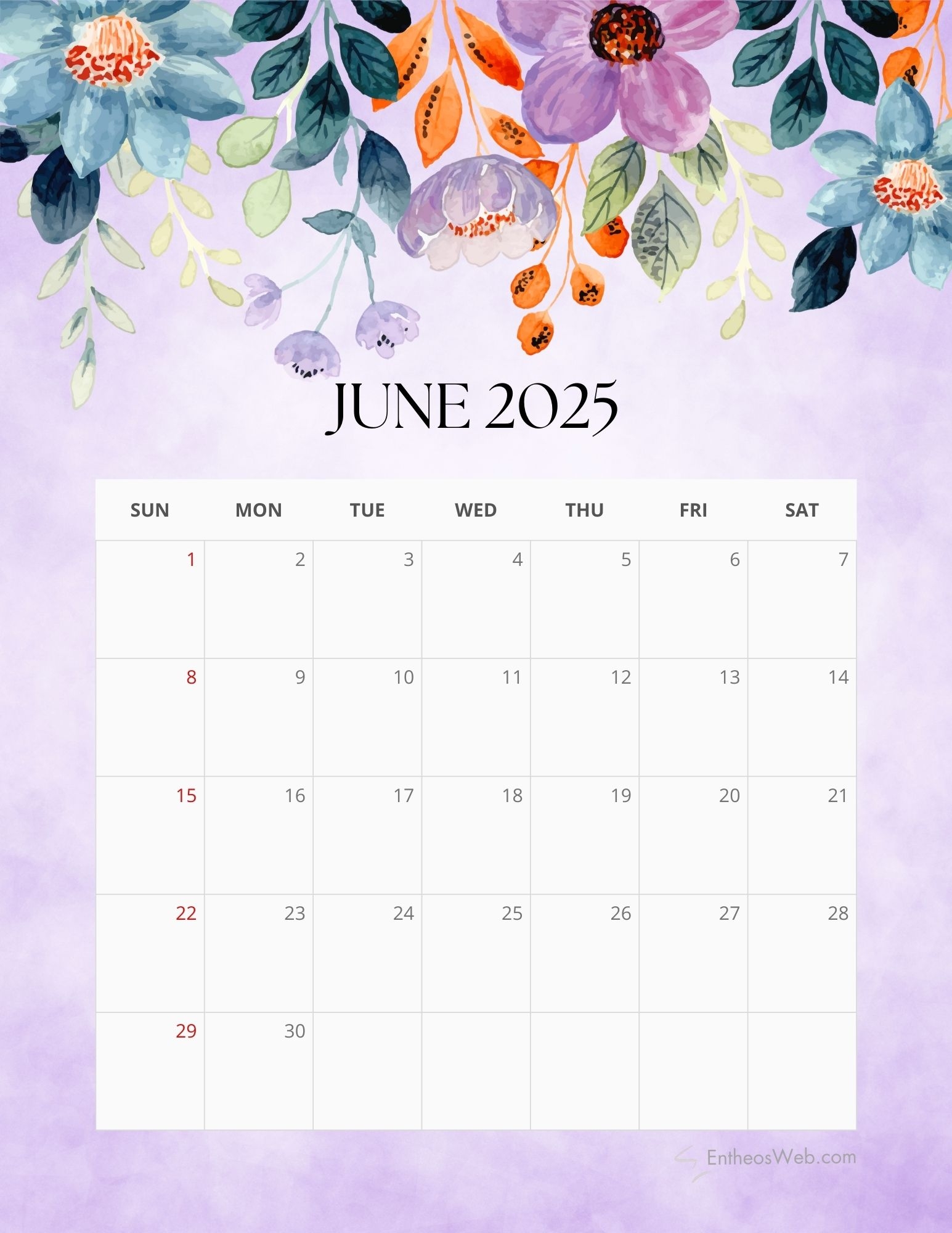 2025 Floral Monthly Calendar Free PDF Printable EntheosWeb