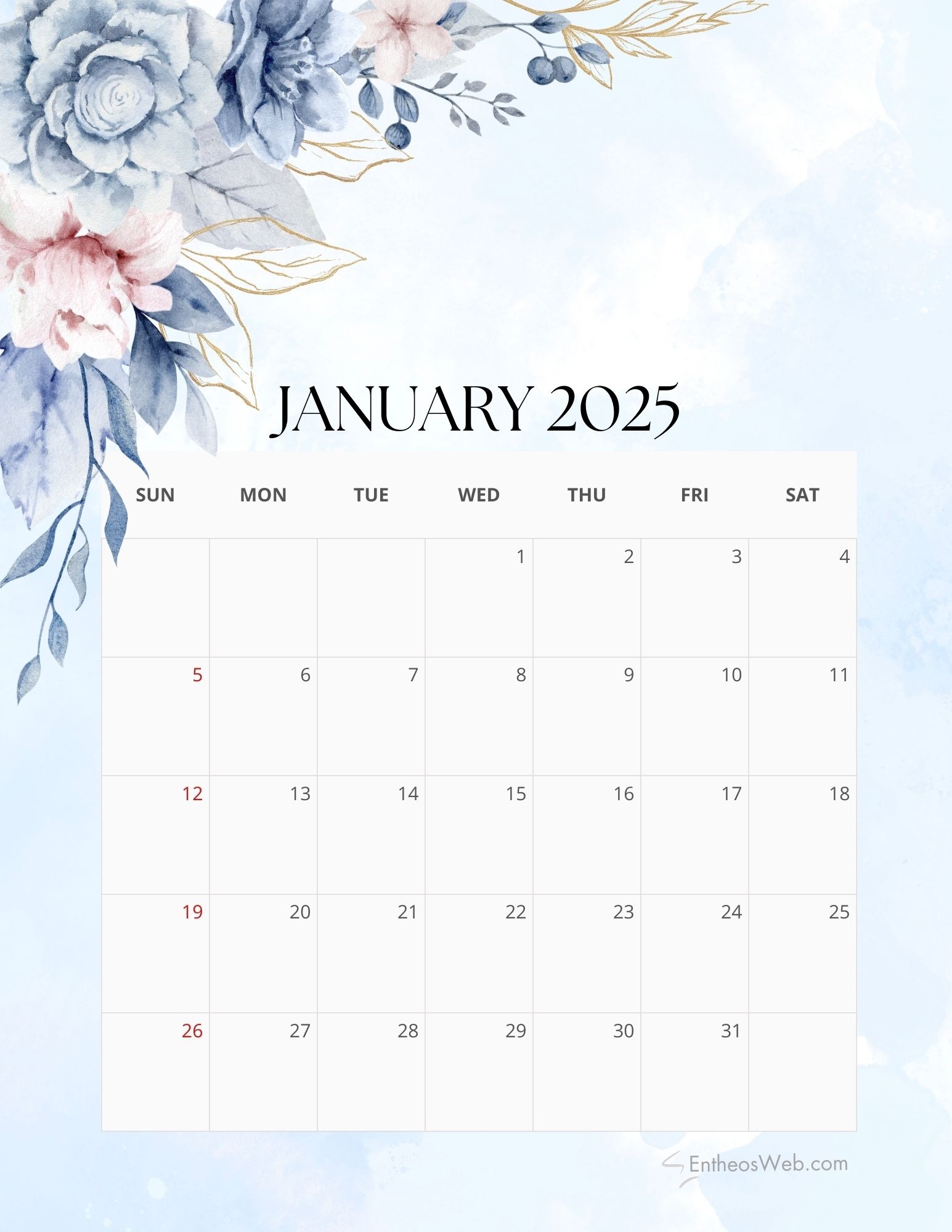 2025 Floral Monthly Calendar Free PDF Printable EntheosWeb